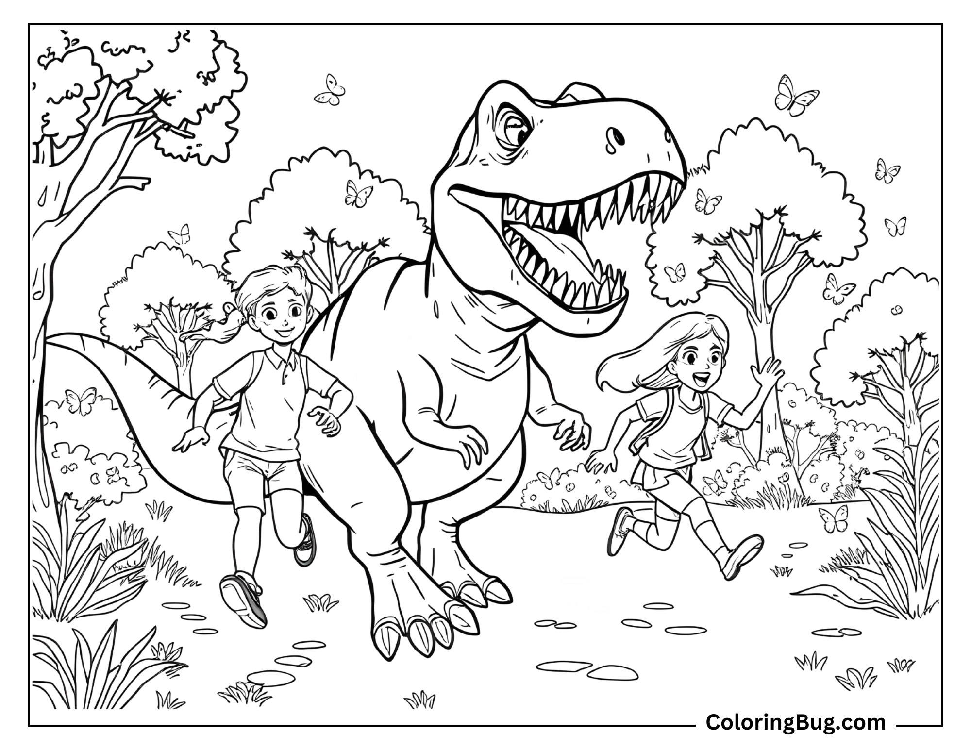 Coloing page of a T-Rex playfully chases a boy and a girl who are running with smiles on their faces through a scenic park filled with trees, bushes, and butterflies. The T-Rex has a friendly expression with its mouth open, and the kids appear excited rather than frightened. The background features detailed trees and plants, all outlined with thin lines, with no shading or grayscale effects.