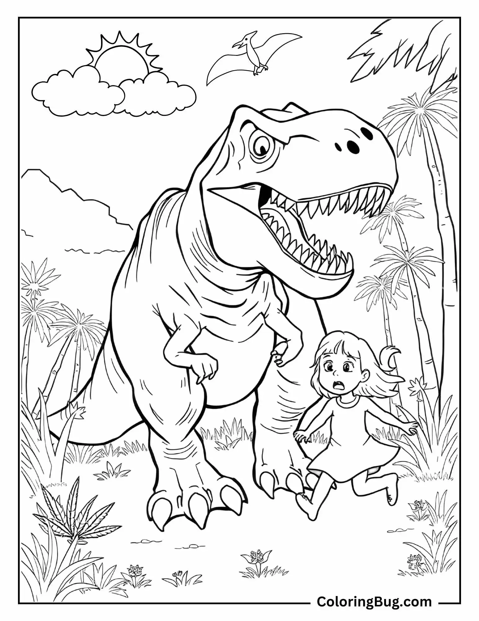 Coloring page showign a T-Rex chasing a young girl who is running through a jungle filled with plants and palm trees.