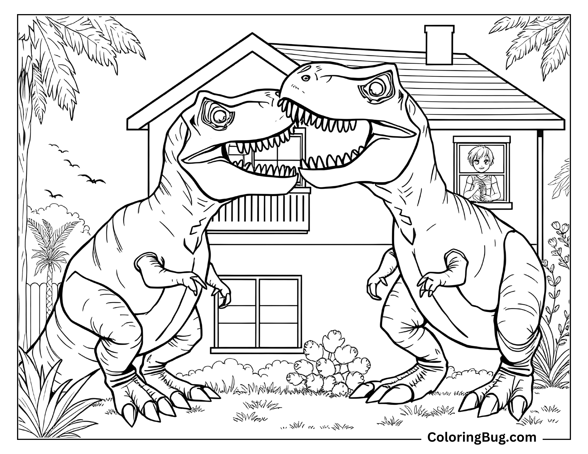 Coloring page of two T-Rex dinosaurs facing each other in a garden, jaws open as if preparing to fight. A child watches the scene from a window in the house behind them. The setting includes tropical plants, adding a prehistoric feel to the scene.