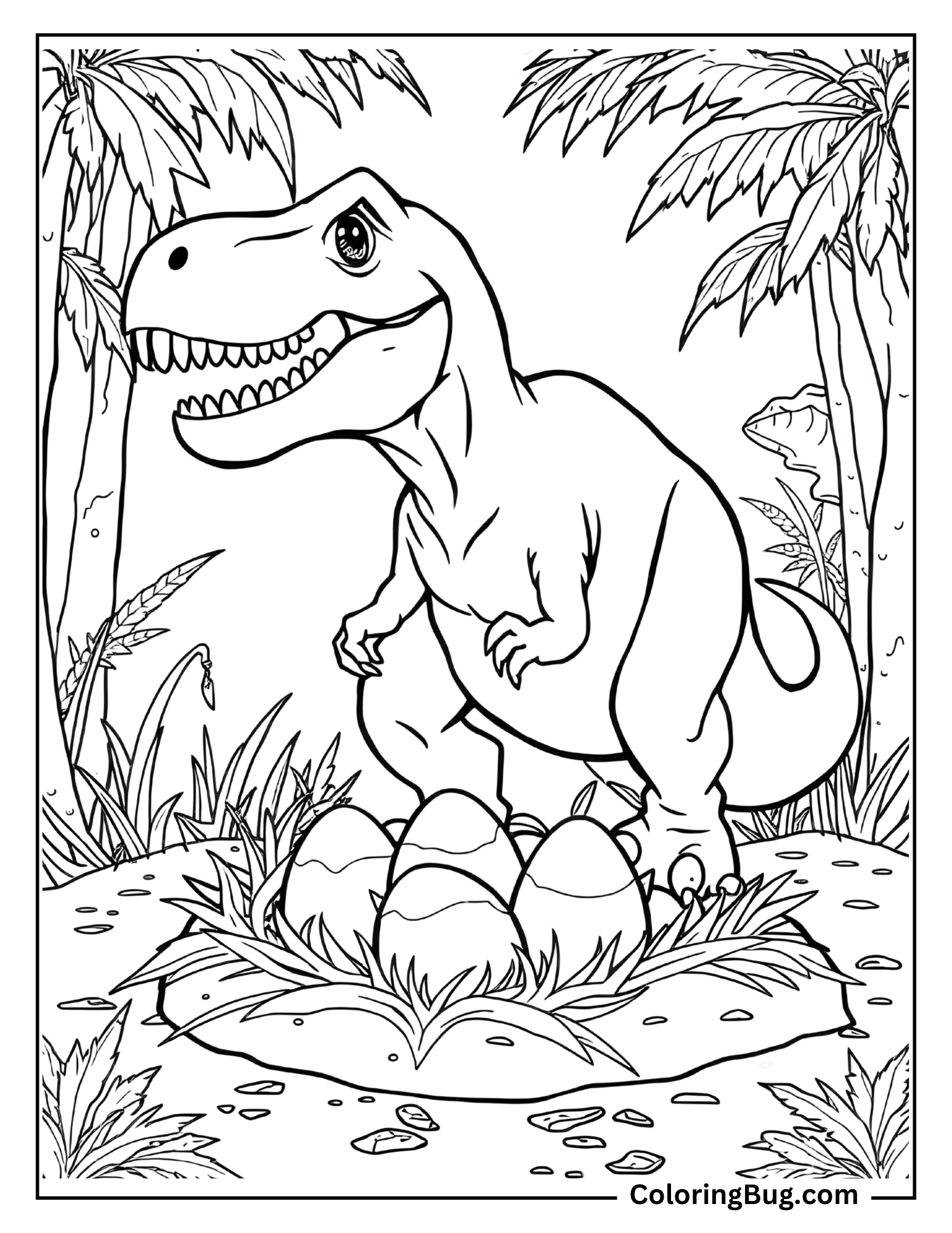 A T-Rex stands protectively over a nest filled with dinosaur eggs, surrounded by tropical plants and palm trees.