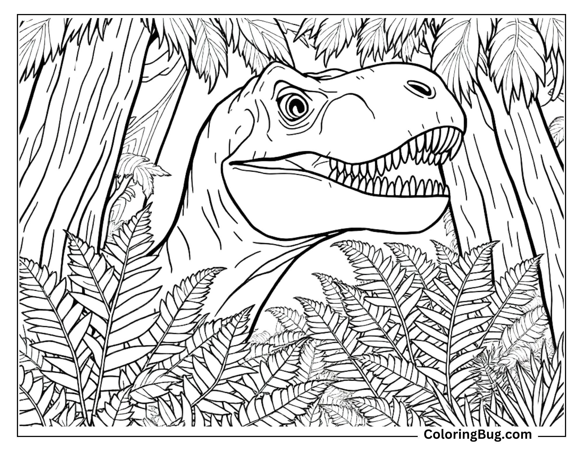 Coloring page of a T-Rex partially hidden behind dense jungle foliage, with large ferns and tall trees surrounding it. The T-Rex has a watchful expression, peeking through the leaves in a mysterious, jungle setting.