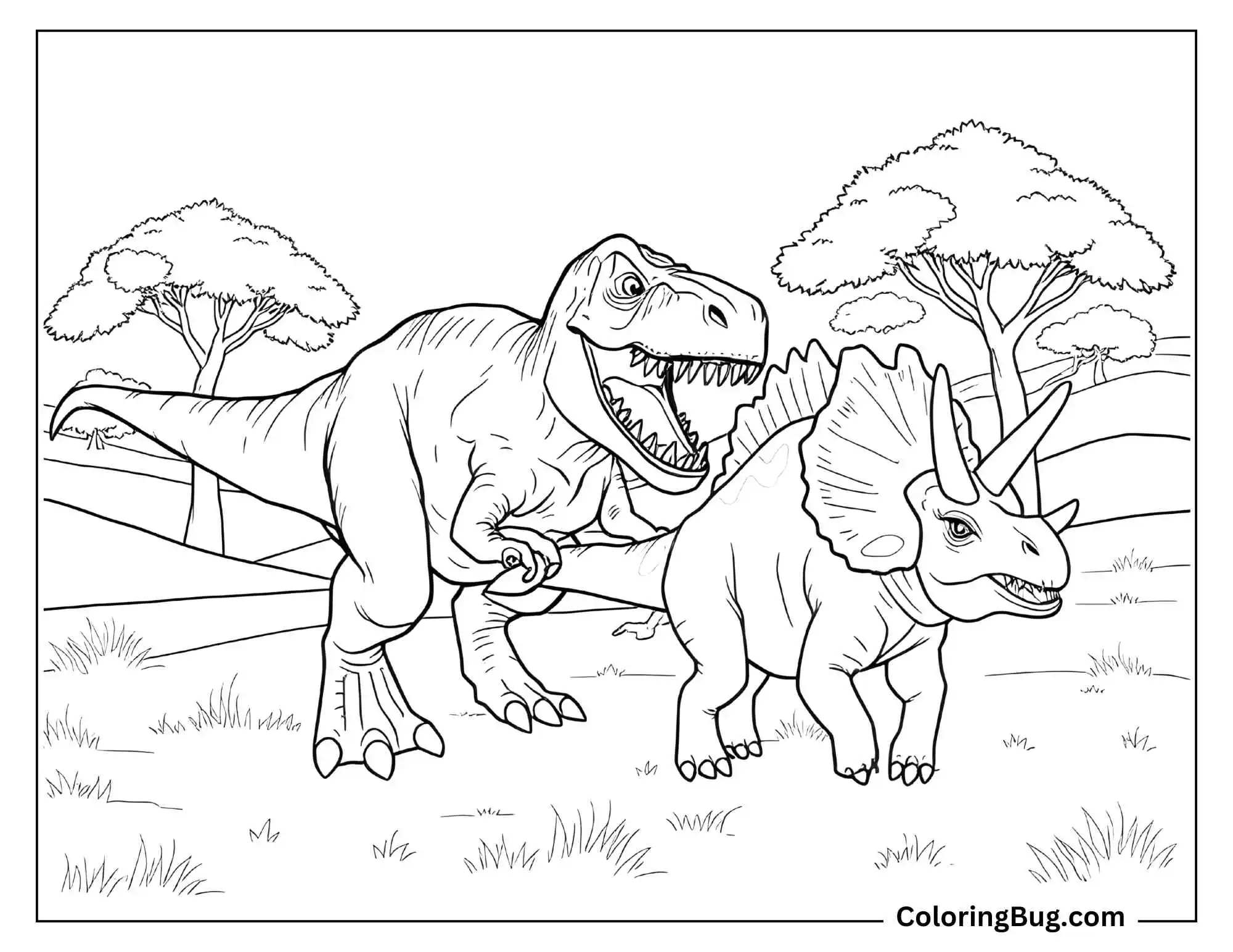 Coloring sheet of a T-Rex is depicted in a hunting stance behind a Triceratops in a grassy, tree-dotted landscape. The T-Rex has its mouth open wide, showing sharp teeth, while the Triceratops stands defensively with its frill and horns facing the T-Rex. The background includes simple, thin-lined trees and rolling hills, with no shading or grayscale effects.