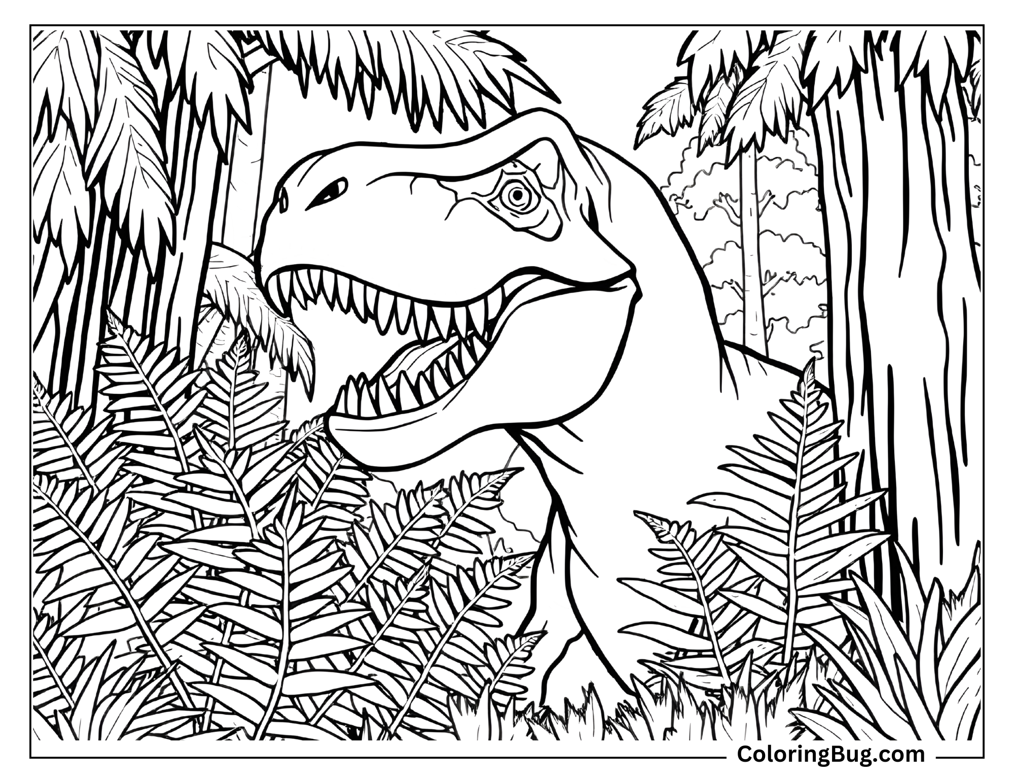 Coloring page of a T-Rex peeking through dense jungle foliage with its mouth open, showing sharp teeth. Surrounded by large ferns, tall trees, and layered leaves, the T-Rex has an intense, watchful expression, giving a sense of mystery and power in its jungle habitat.