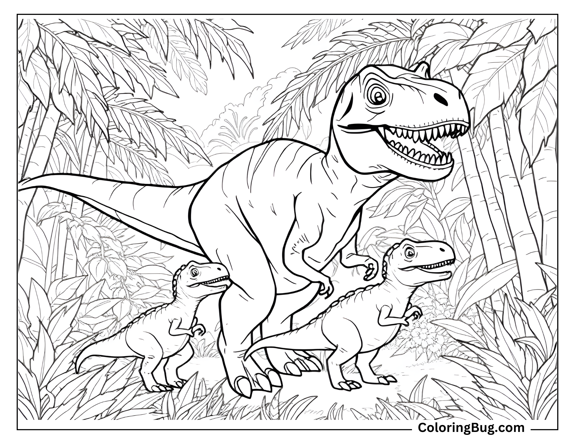 Coloring sheet of a T-Rex parent stands protectively with two young T-Rexes in a dense jungle setting filled with large leaves, tall plants, and trees. The parent T-Rex has a watchful expression while the two baby T-Rexes look curious and playful. The background is richly detailed with tropical foliage, outlined in thin lines with no shading or grayscale effects.