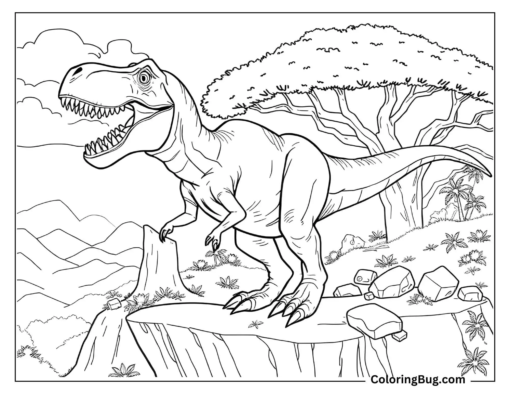 A coloring sheet depicting a T-Rex standing and roaring on the edge of a cliff, with a dramatic background of mountains, large trees, and scattered rocks and plants. The T-Rex has a fierce expression, with its mouth open wide, showing sharp teeth. The landscape is filled with thin-lined details, including a large tree and distant hills.