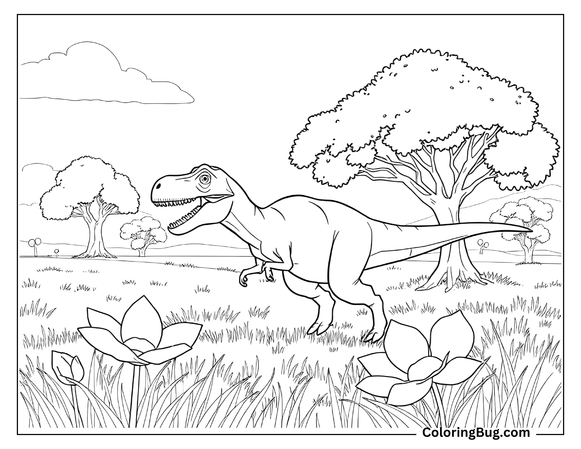 Coloring page of a T-Rex running through an open field, surrounded by tall grass and large flowers in the foreground. Trees and clouds fill the background, creating a peaceful, natural setting for the dinosaur's movement.