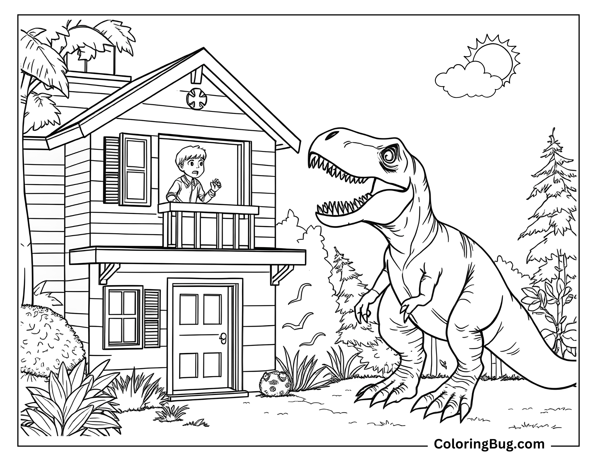 Coloring page of a boy standing on a balcony of a two-story house, looking surprised as a large T-Rex stands in the yard facing him. The scene includes trees, bushes, and a sunny sky, adding to the playful yet thrilling atmosphere.