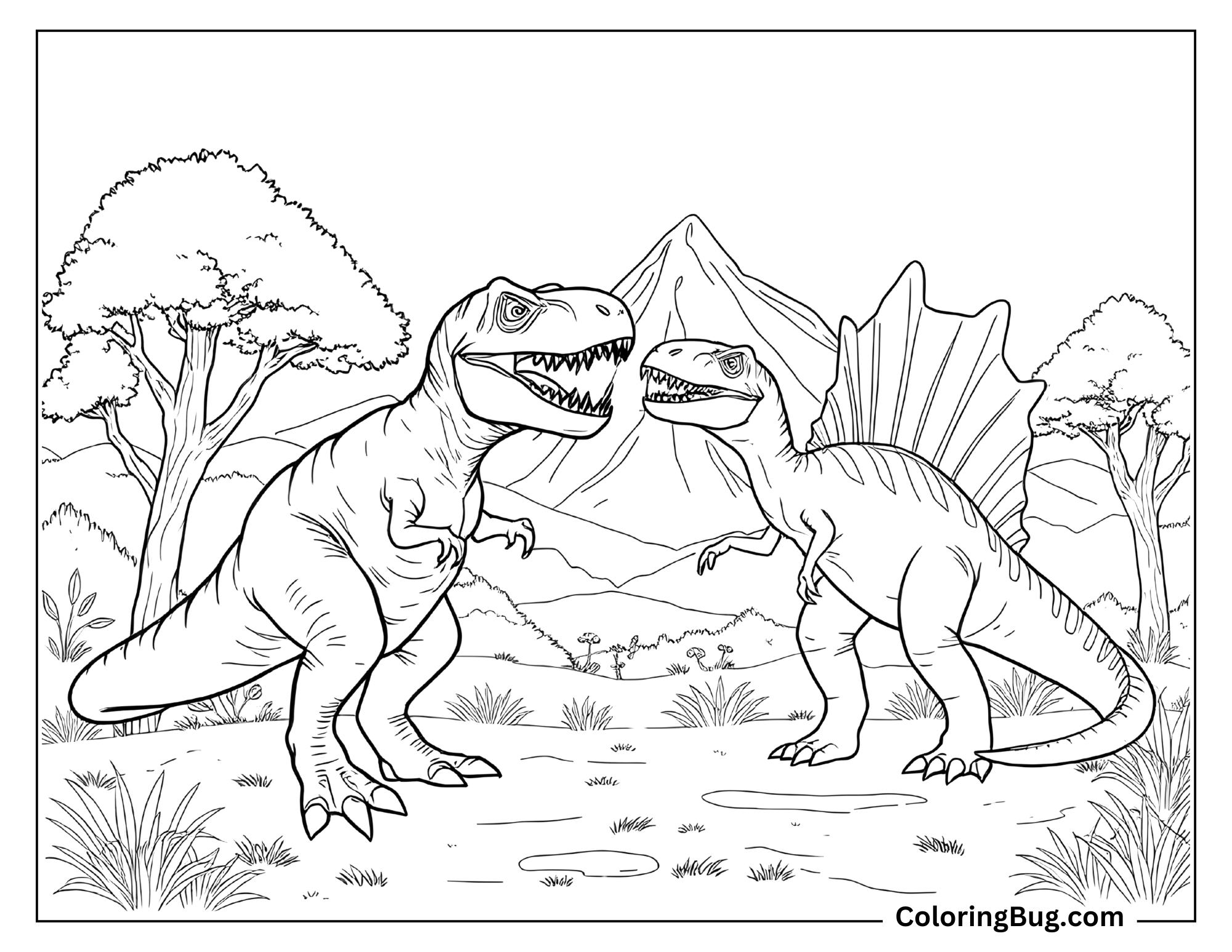 Coloring page of a T-Rex and a Spinosaurus facing each other in a prehistoric landscape with trees and a mountain in the background. The T-Rex stands with its mouth open, while the Spinosaurus shows its distinctive sail-like back fin. The scene captures an intense moment between two powerful dinosaurs.