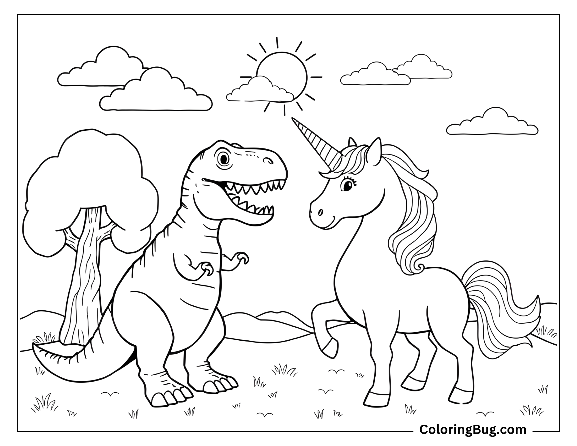 Coloring page featuring a friendly encounter between a T-Rex and a unicorn in a sunny meadow. The T-Rex stands with a curious expression, while the unicorn prances gracefully. The background includes a tree, clouds, and a bright sun, creating a whimsical and magical setting.