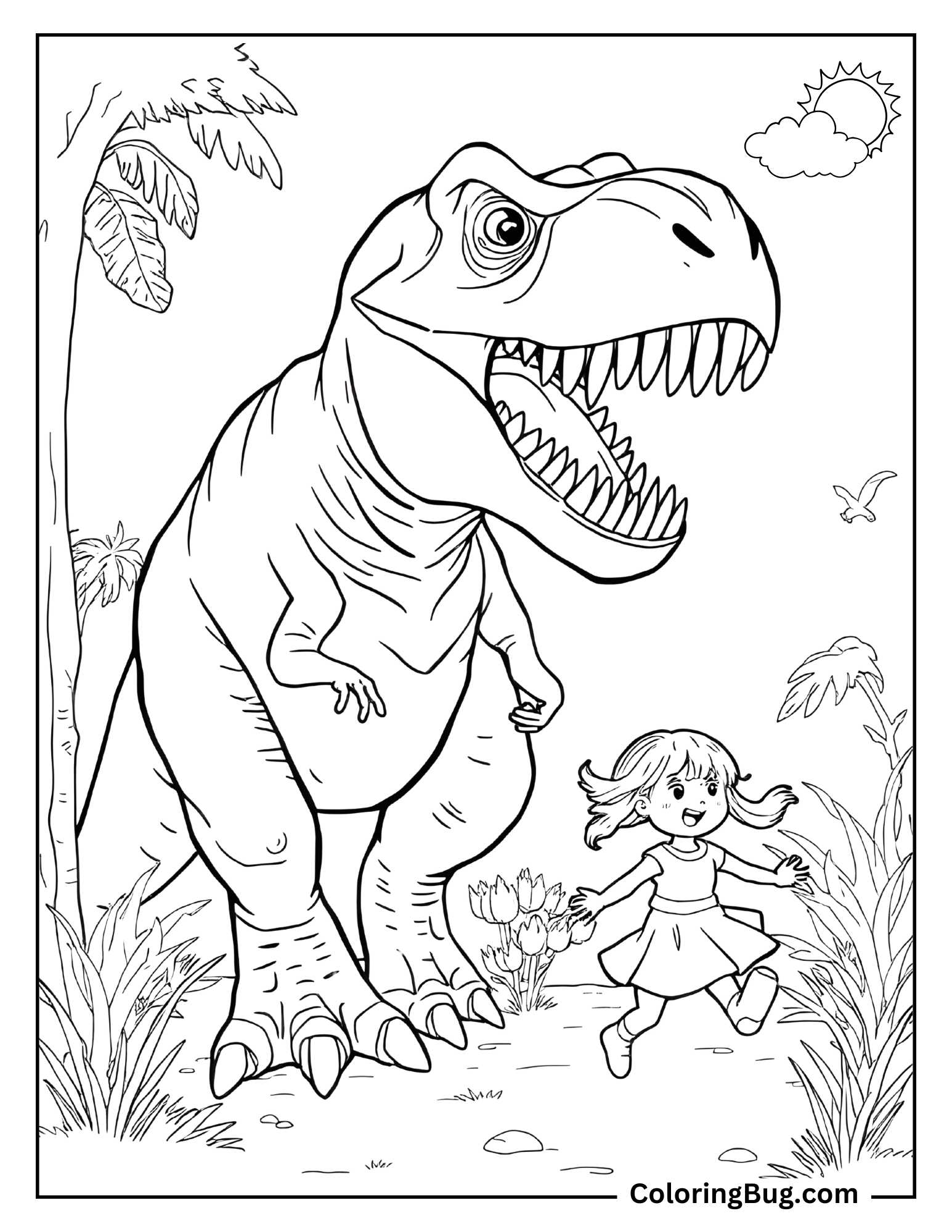 Coloring sheet where a  T-Rex stands behind a happy, playful girl who is running joyfully through a jungle filled with plants and trees.