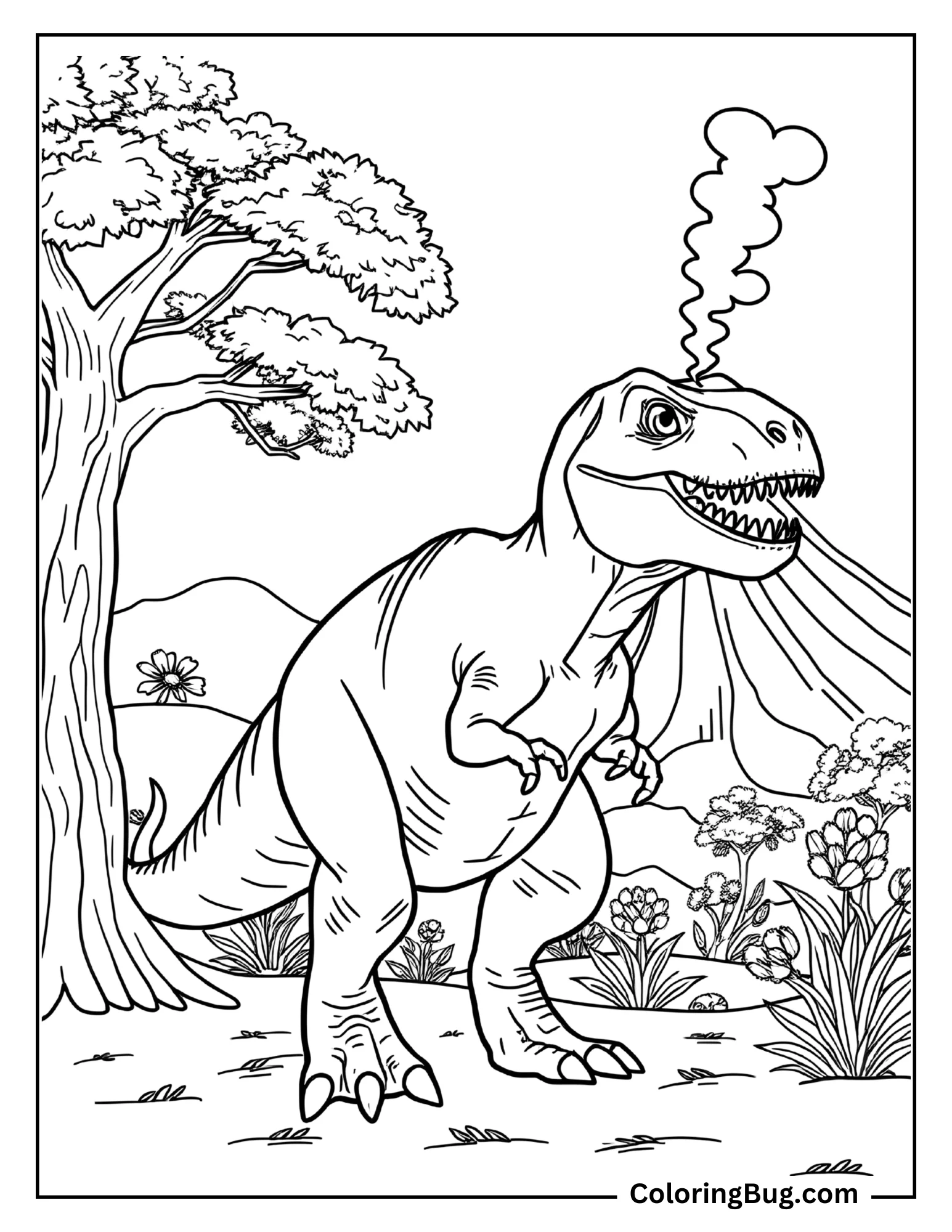 
A T-Rex stands in a prehistoric landscape surrounded by plants, trees, and flowers. In the background, a volcano emits a cloud of smoke, adding to the Jurassic-era setting. The T-Rex has a fierce expression with its mouth slightly open, showing sharp teeth.