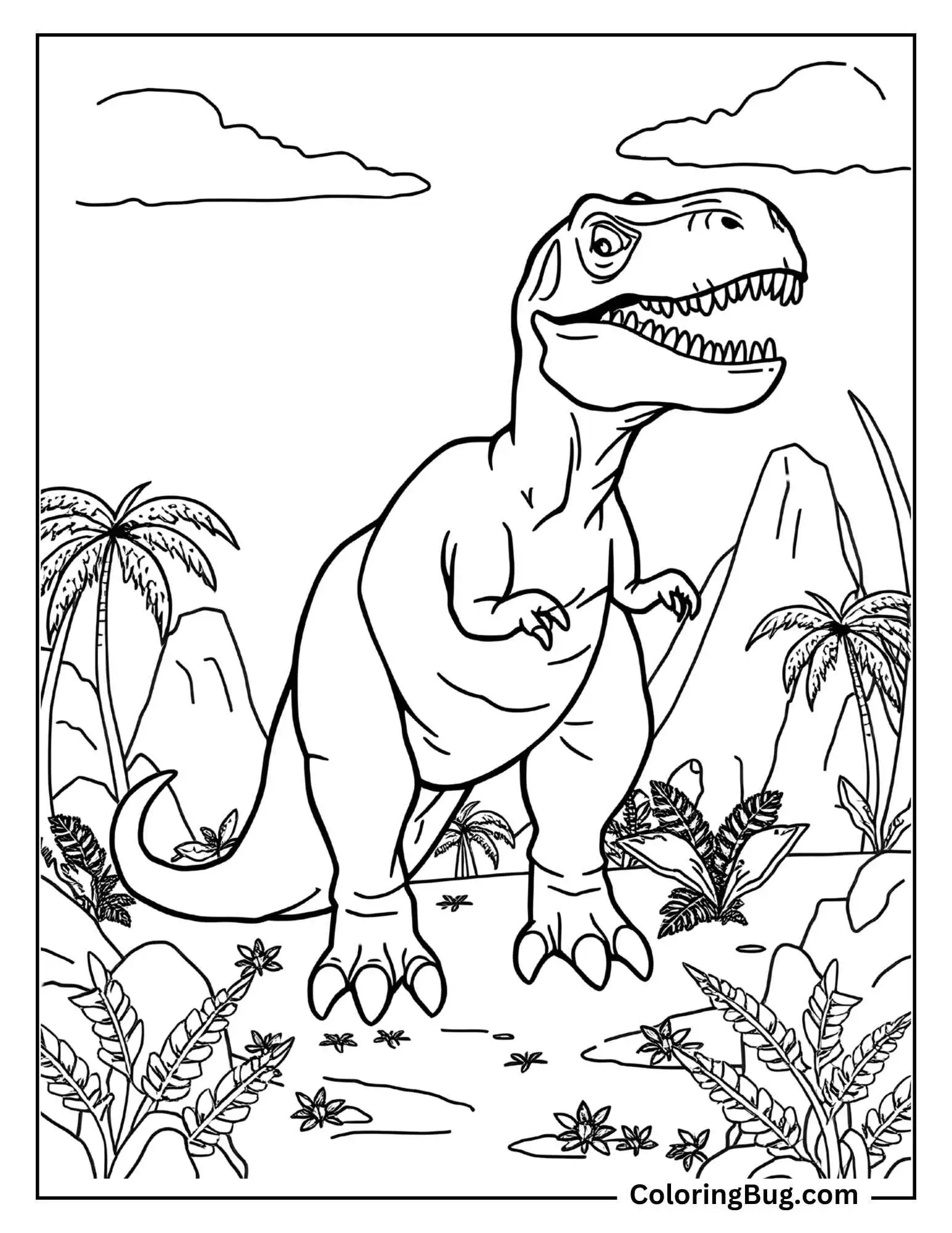 A T-Rex stands in a prehistoric landscape with palm trees, plants, and rocky mountains in the background. The T-Rex has an alert expression with its mouth open slightly, showing its sharp teeth. Clouds are visible in the sky, adding depth to the scene.