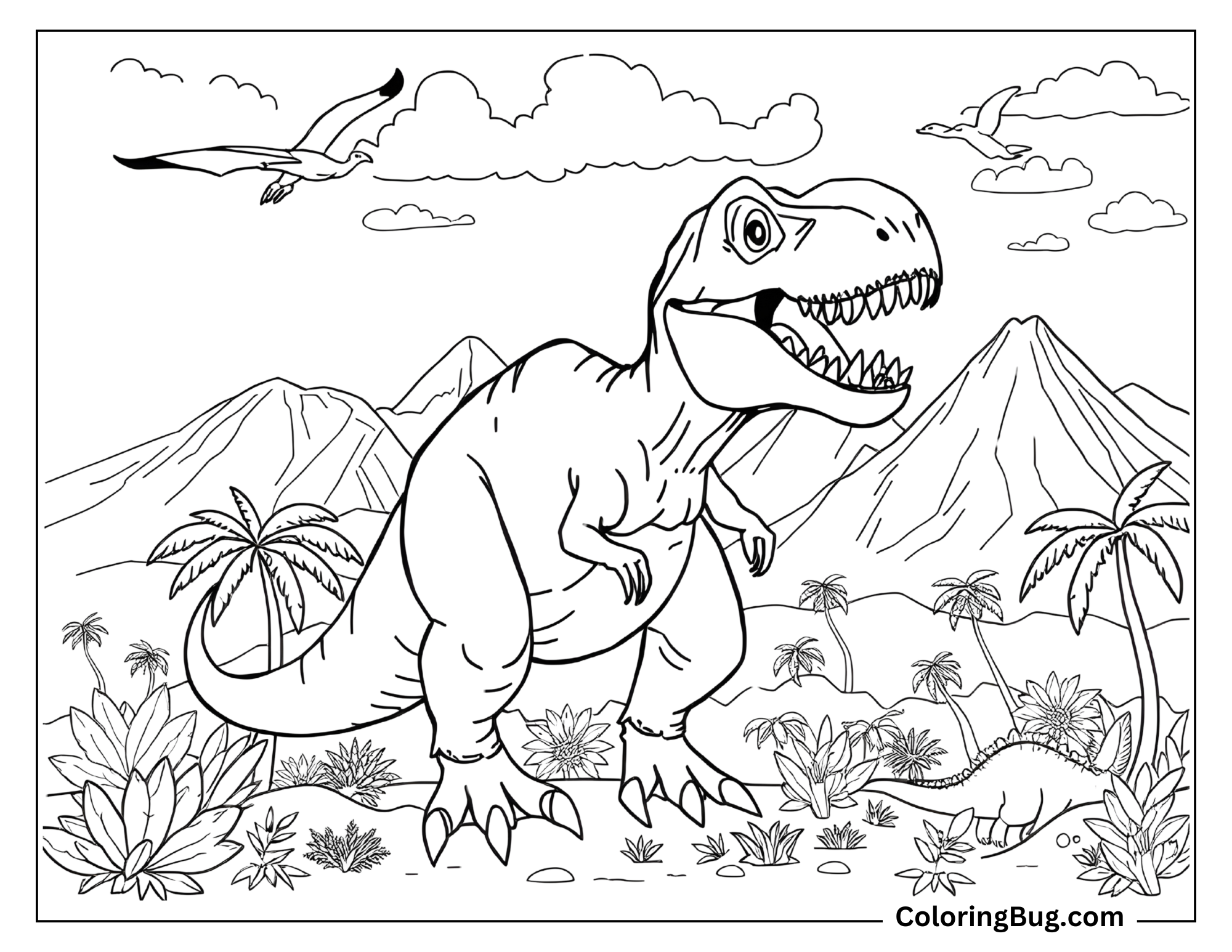 Coloring page showing A T-Rex stands prominently in a prehistoric landscape filled with palm trees, lush plants, and distant mountains. The T-Rex has an open mouth and fierce expression, while two pterosaurs soar in the sky above, surrounded by clouds.