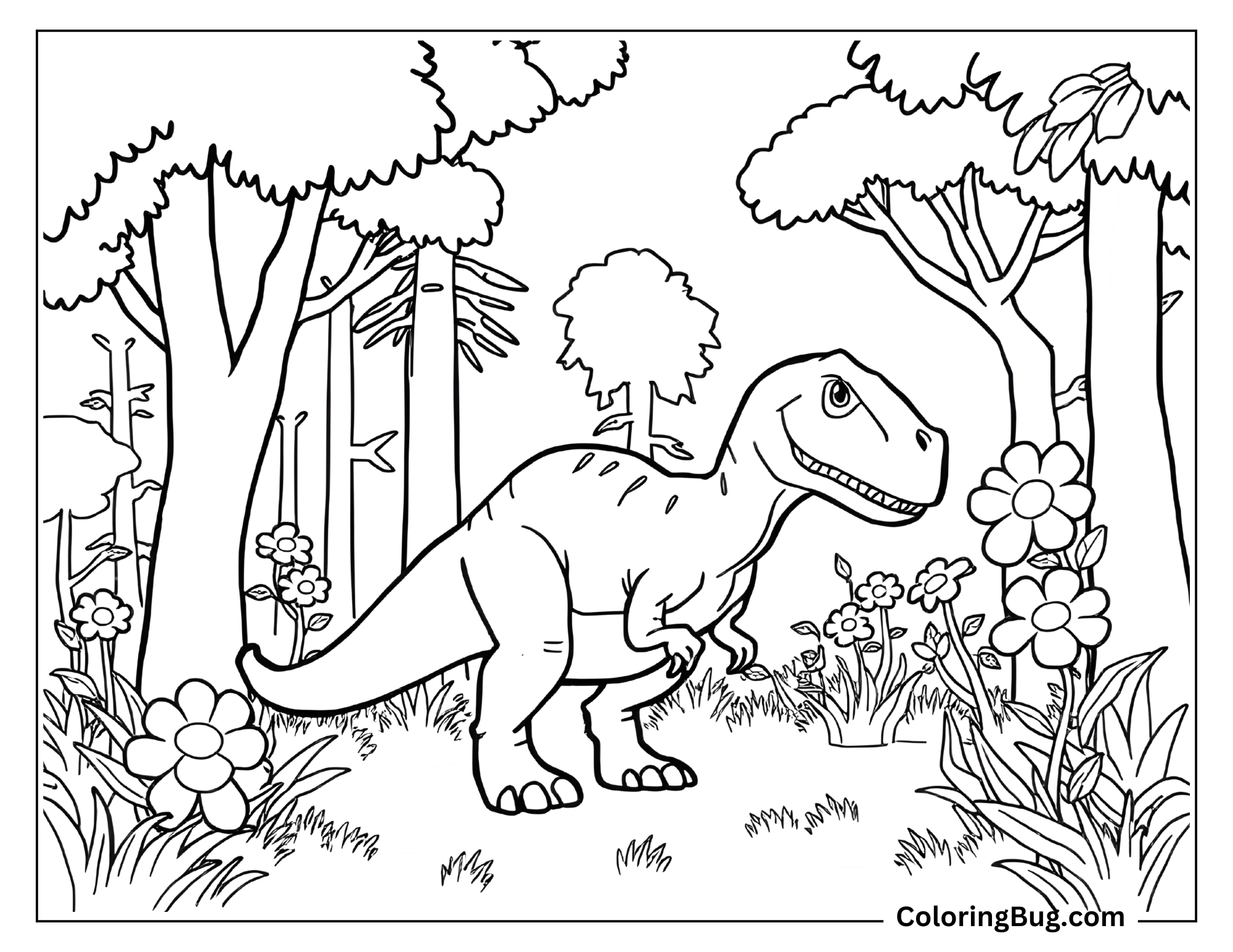 Coloring page of a cheerful T-Rex standing in a dense forest, surrounded by tall trees, flowers, and lush vegetation. The T-Rex has a friendly expression, adding a playful vibe to the peaceful, nature-filled setting.