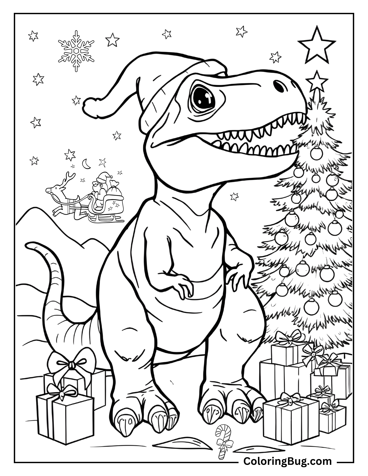 Coloring page showing a T-Rex celebrating Christmas. The T-Rex is wearing a Santa hat and is surrounded by wrapped gifts. A decorated Christmas tree with ornaments and a star on top stands nearby. In the background, Santa Claus in his sleigh, led by a reindeer, flies across a night sky filled with stars and snowflakes.