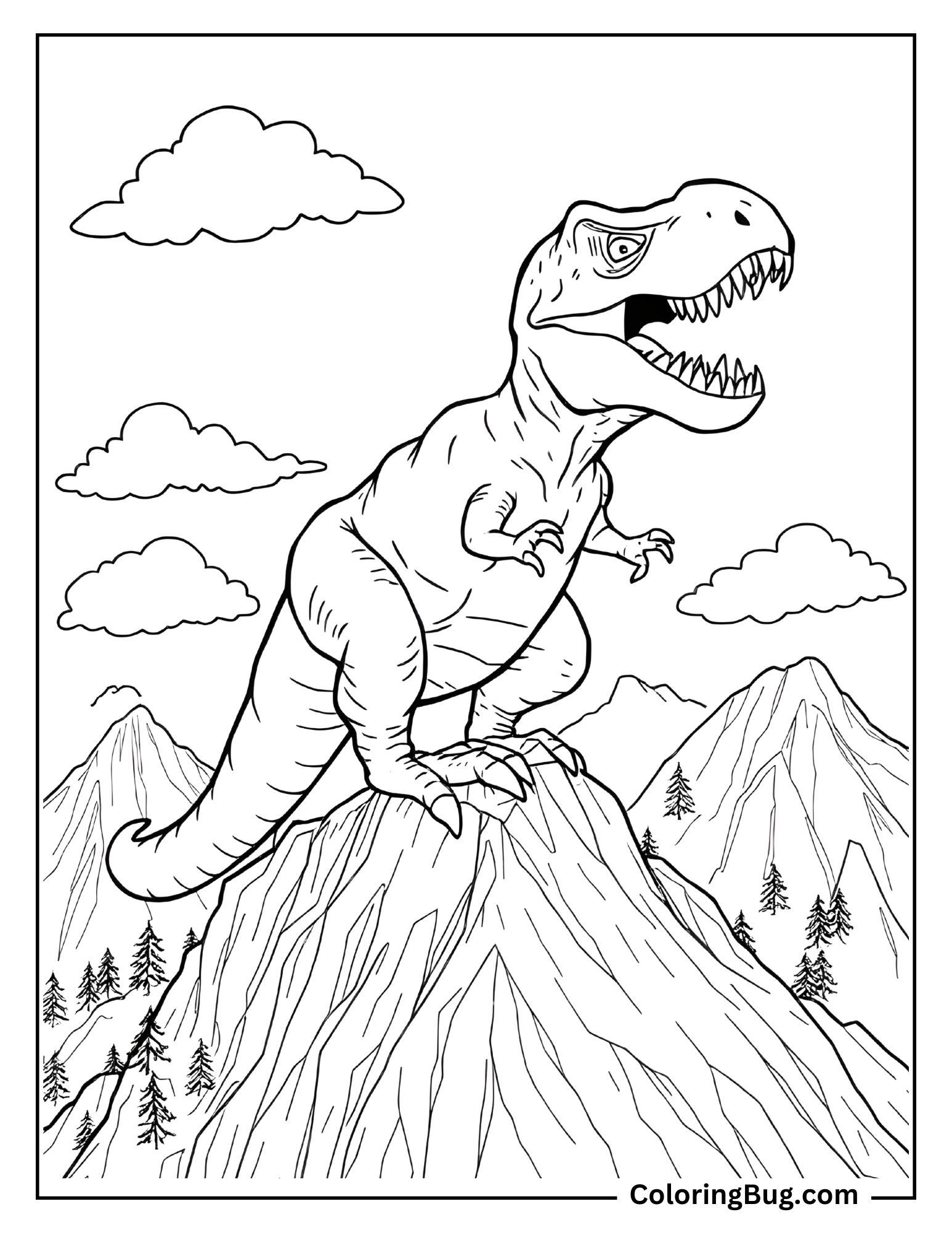 
A T-Rex stands majestically on top of a mountain with a fierce expression and mouth open, showing its sharp teeth.