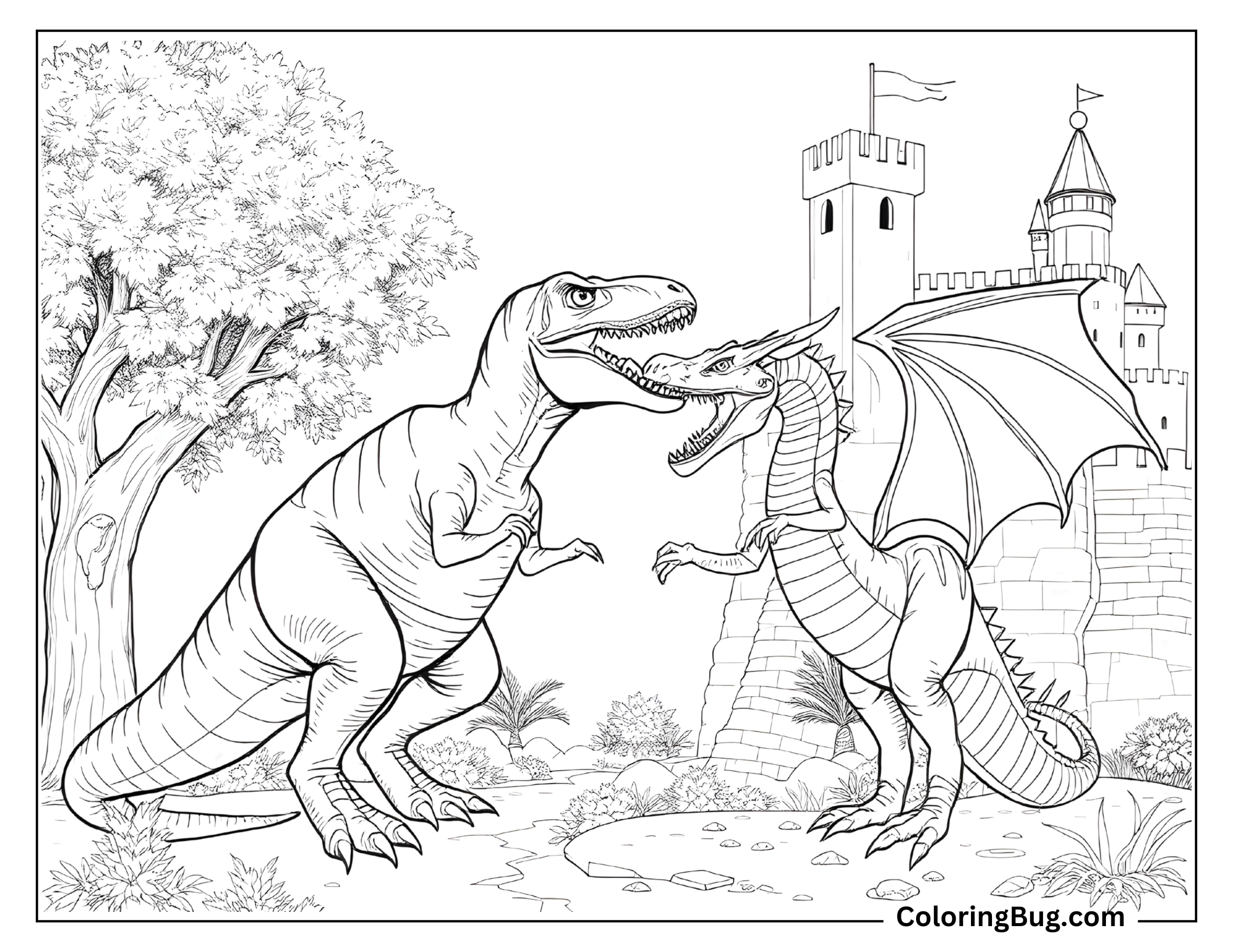 Coloring page of an epic face-off between a T-Rex and a dragon in front of a medieval castle. The T-Rex stands with its mouth open, while the dragon, with wings spread and sharp teeth bared, appears ready to defend its territory. The background includes castle towers, trees, and foliage, creating a fantasy atmosphere.