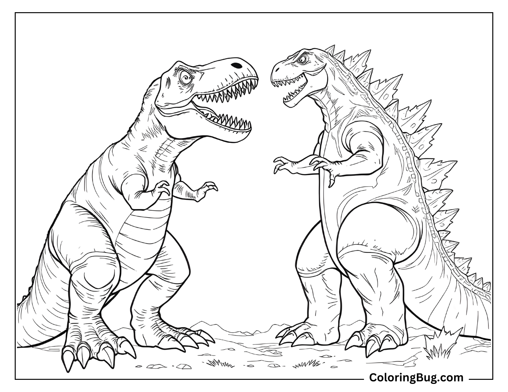 Coloring page featuring a face-off between a T-Rex and a Godzilla-like creature. The T-Rex stands with its mouth open, ready to confront its opponent, while the Godzilla character has a row of sharp dorsal plates along its back. The scene captures an epic showdown between two iconic beasts.