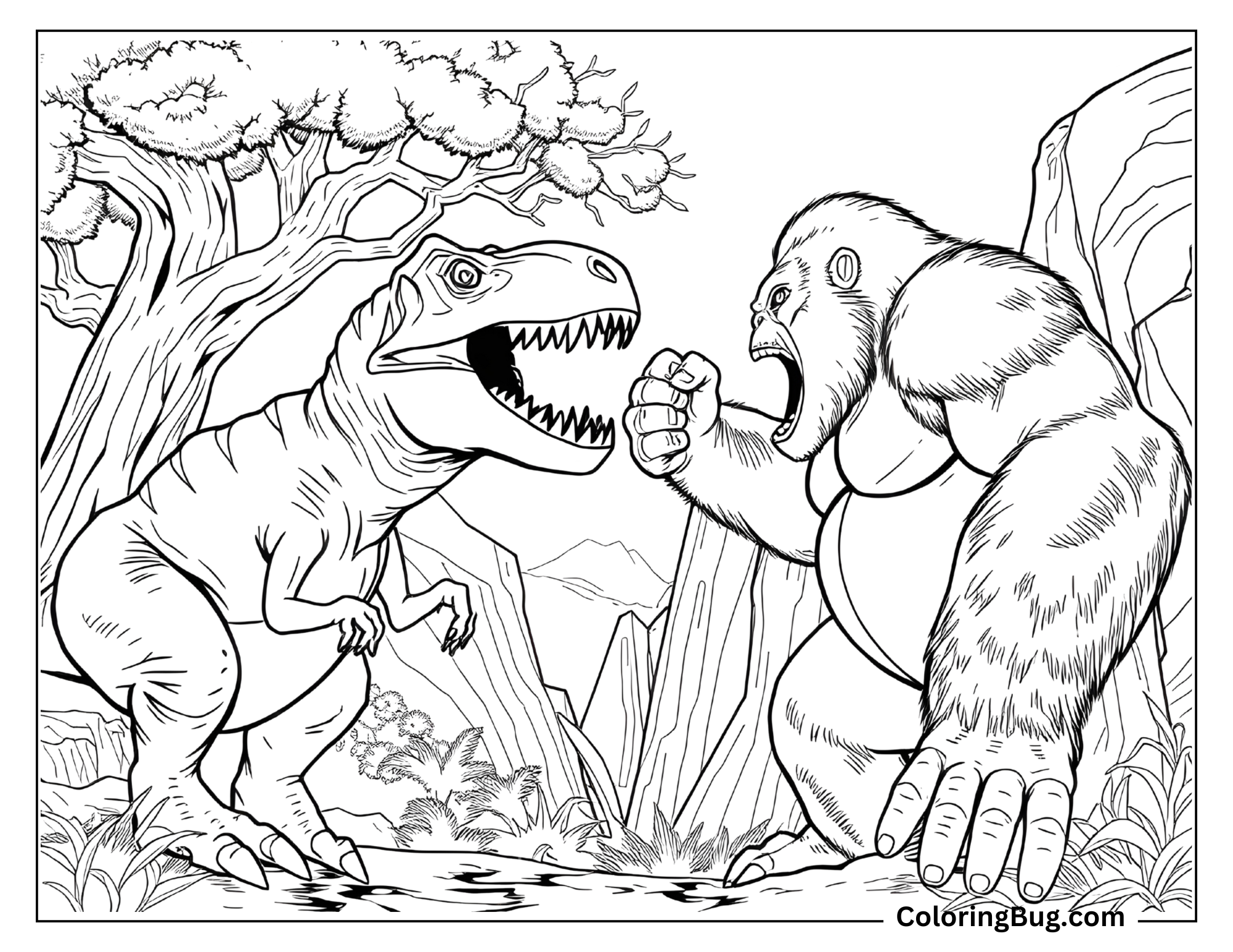 Coloring page of an intense standoff between a roaring T-Rex and a powerful gorilla, resembling King Kong, in a jungle setting. The T-Rex stands with its mouth open, and the gorilla has its fist raised, ready for battle. The background features trees, rocks, and mountains, adding a dramatic atmosphere to the scene.