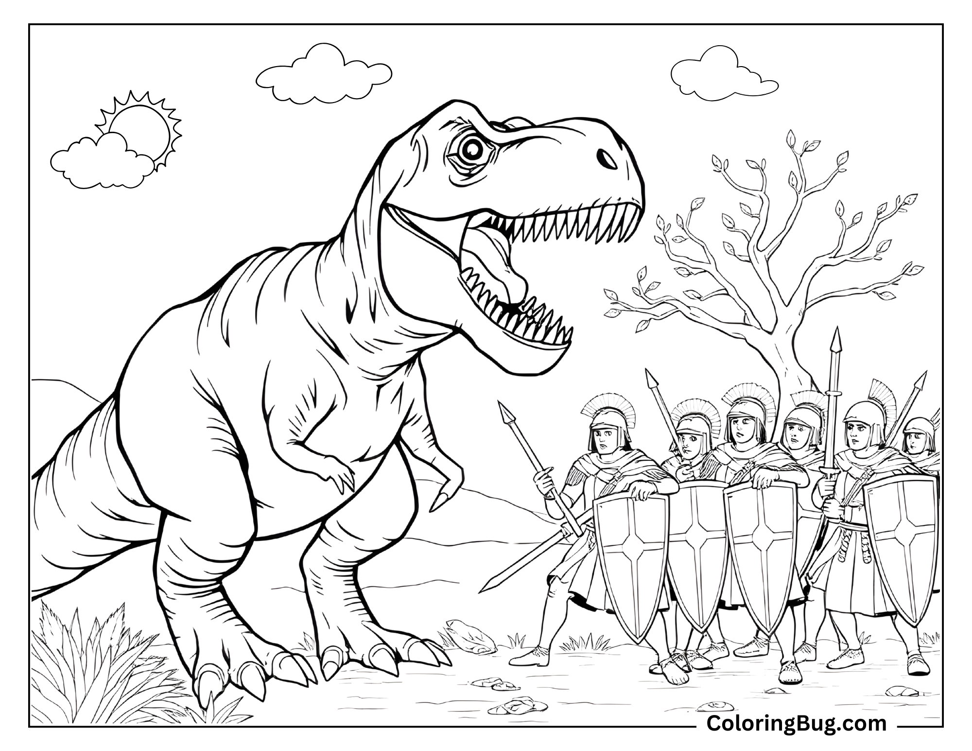 Coloring page of a T-Rex facing a group of Roman soldiers holding shields and spears in a defensive formation. The soldiers wear traditional Roman helmets and armor, standing together under a sunny sky with a few clouds. A barren tree and plants surround the scene, creating a dramatic clash between ancient warriors and a prehistoric predator.