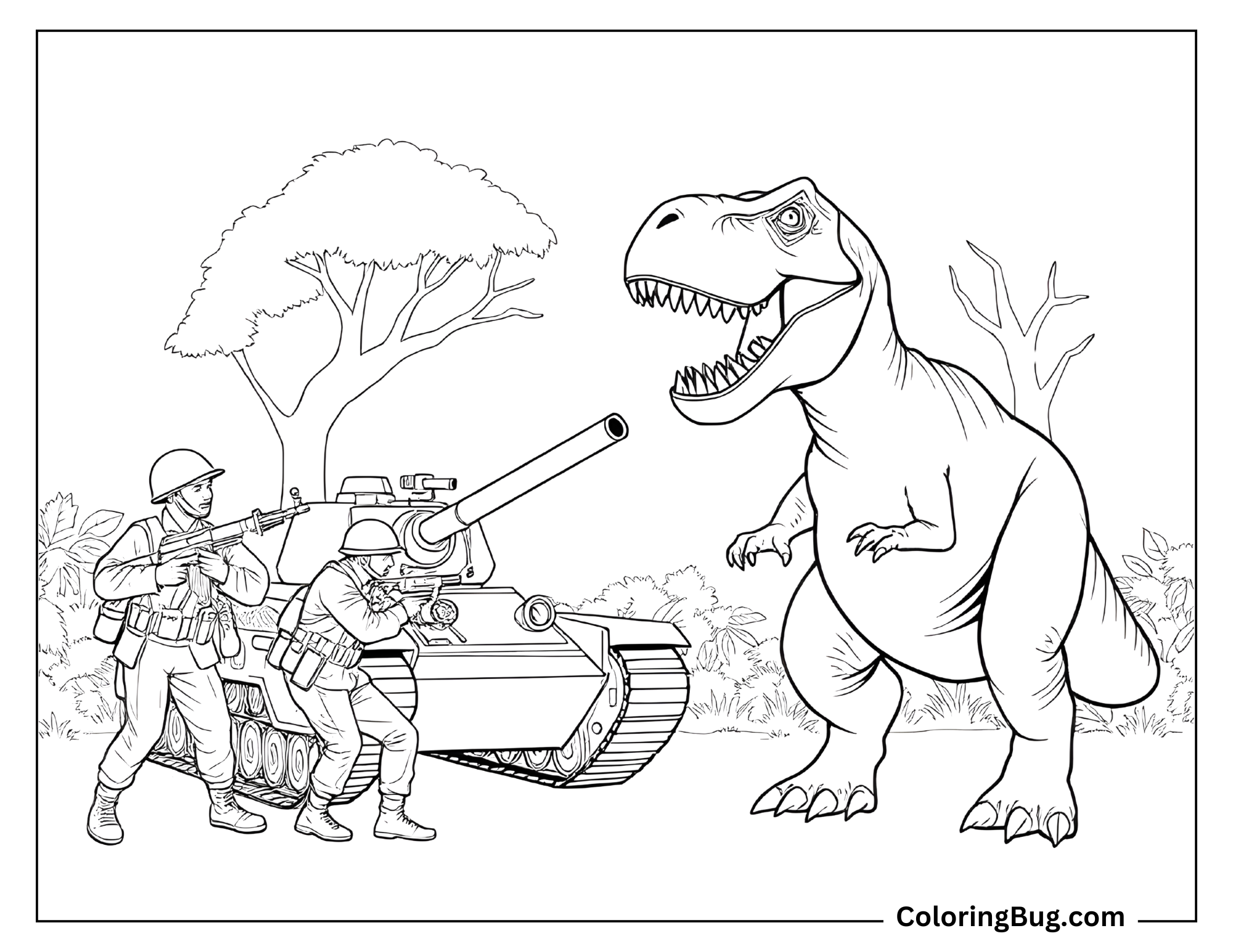 Coloring page of a T-Rex facing off against a group of soldiers and a tank. The T-Rex stands tall, while two soldiers prepare with weapons, and one operates the tank's cannon. Trees and foliage in the background create a jungle-like setting, adding to the intense and adventurous atmosphere.