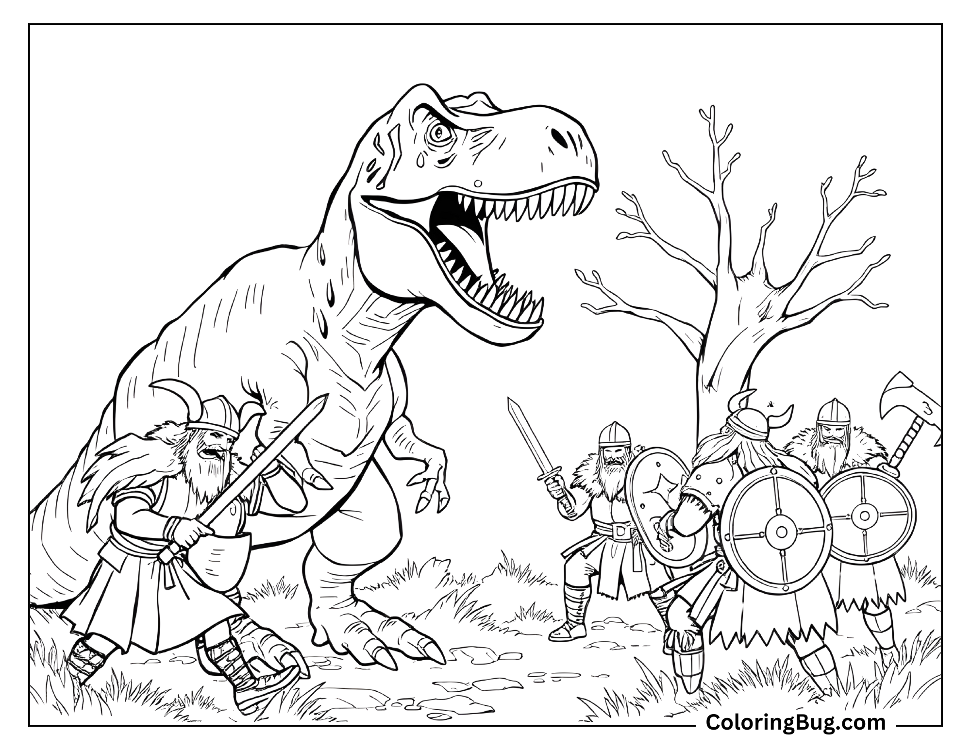 Coloring page of a T-Rex facing a group of Vikings in battle stance. The Vikings, armed with swords, shields, and axes, stand ready to confront the towering dinosaur. The scene includes a barren tree and grassy ground, adding to the intense and adventurous setting.