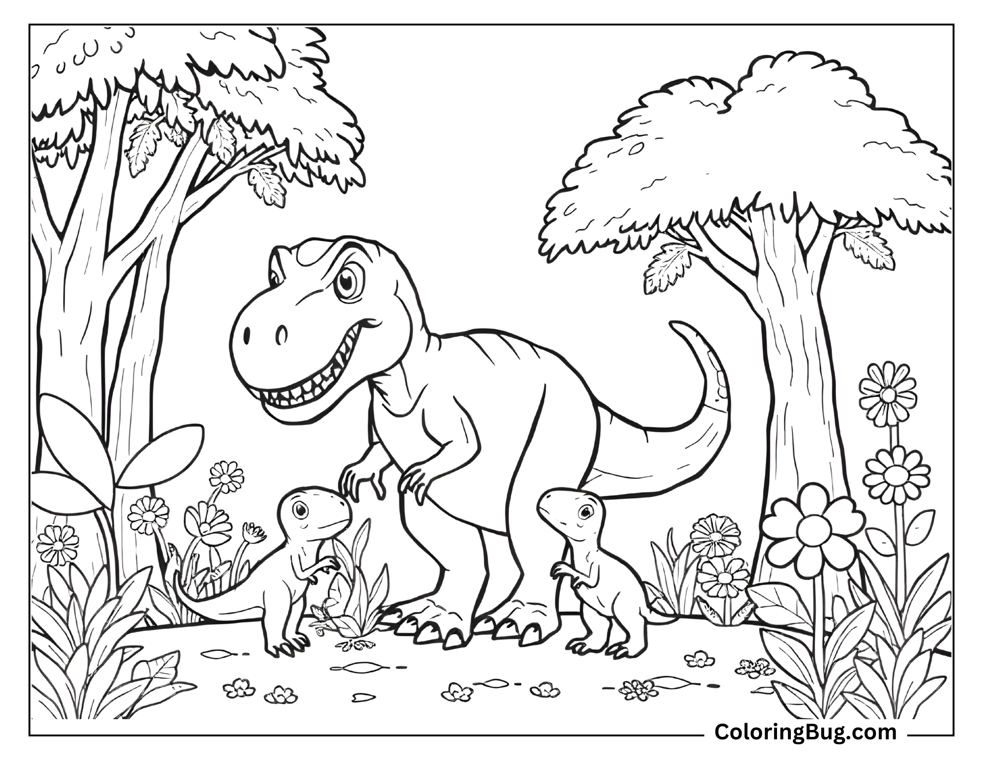 Coloring page featuring a smiling T-Rex with two baby dinosaurs at its feet, surrounded by trees, plants, and flowers. The scene captures a nurturing moment as the T-Rex stands protectively over the playful baby dinosaurs in a lush, forested setting.