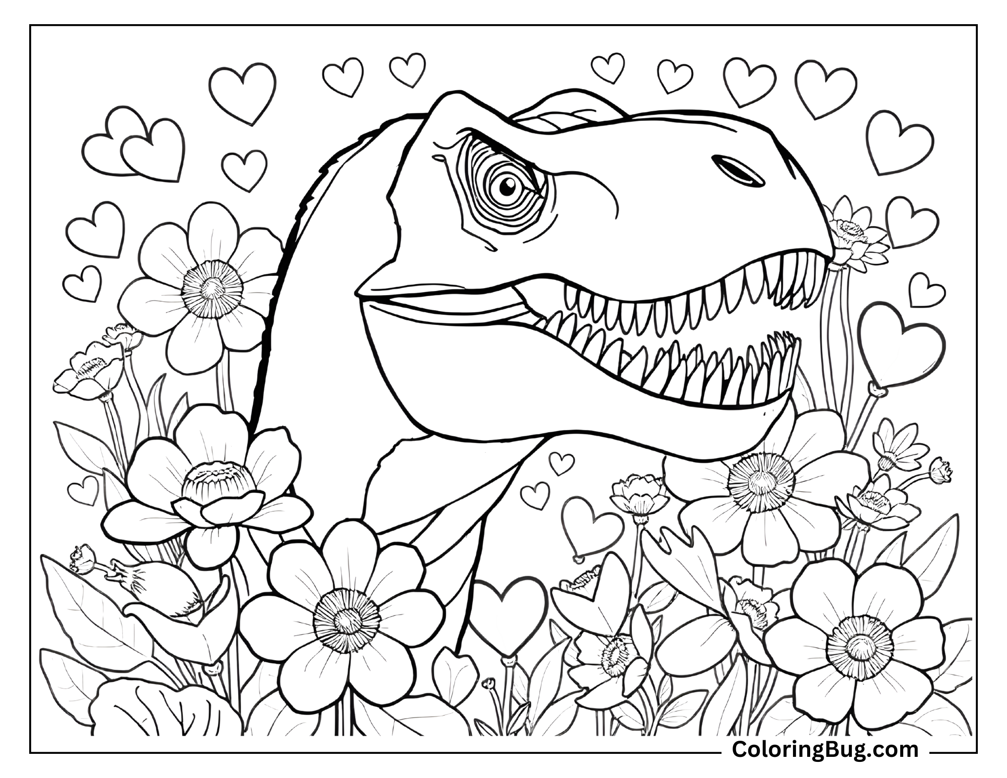 A T-Rex is shown in a sweet and whimsical scene, surrounded by large flowers and floating hearts, giving it a charming, friendly vibe. The T-Rex has a gentle expression, and the background is filled with detailed flowers and hearts. The entire illustration is outlined with thin lines, with no shading or grayscale effects, making it perfect for a playful, love-themed coloring page.