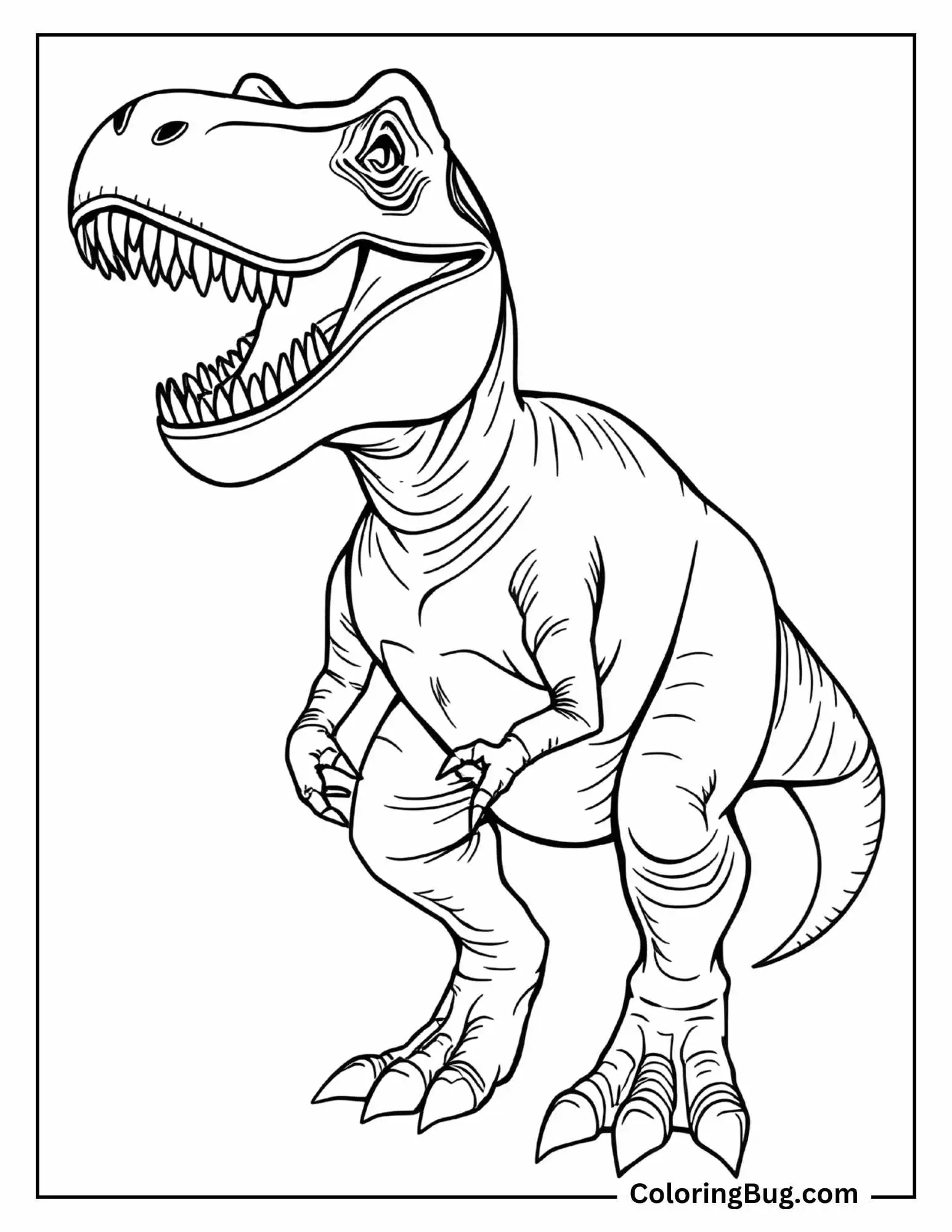 A detailed outline of a standing T-Rex with an open mouth, showing its sharp teeth and muscular body. The T-Rex's limbs, claws, and tail are clearly defined, giving it a powerful stance with no background elements.