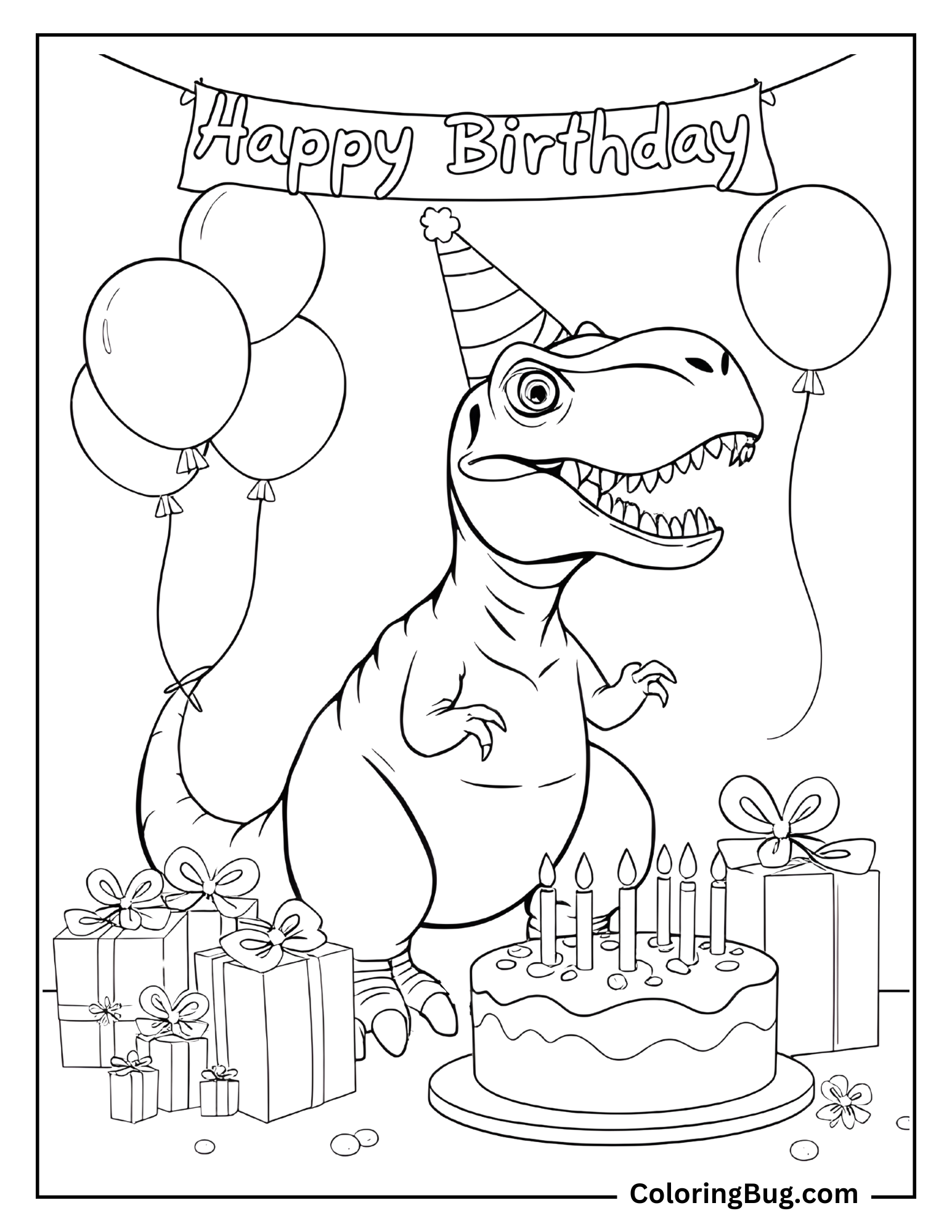Coloring page featuring a dinosaur, specifically a T-Rex, wearing a party hat and standing in front of a birthday cake with lit candles. The T-Rex is surrounded by wrapped gifts and balloons, and a banner above reads 'Happy Birthday'.