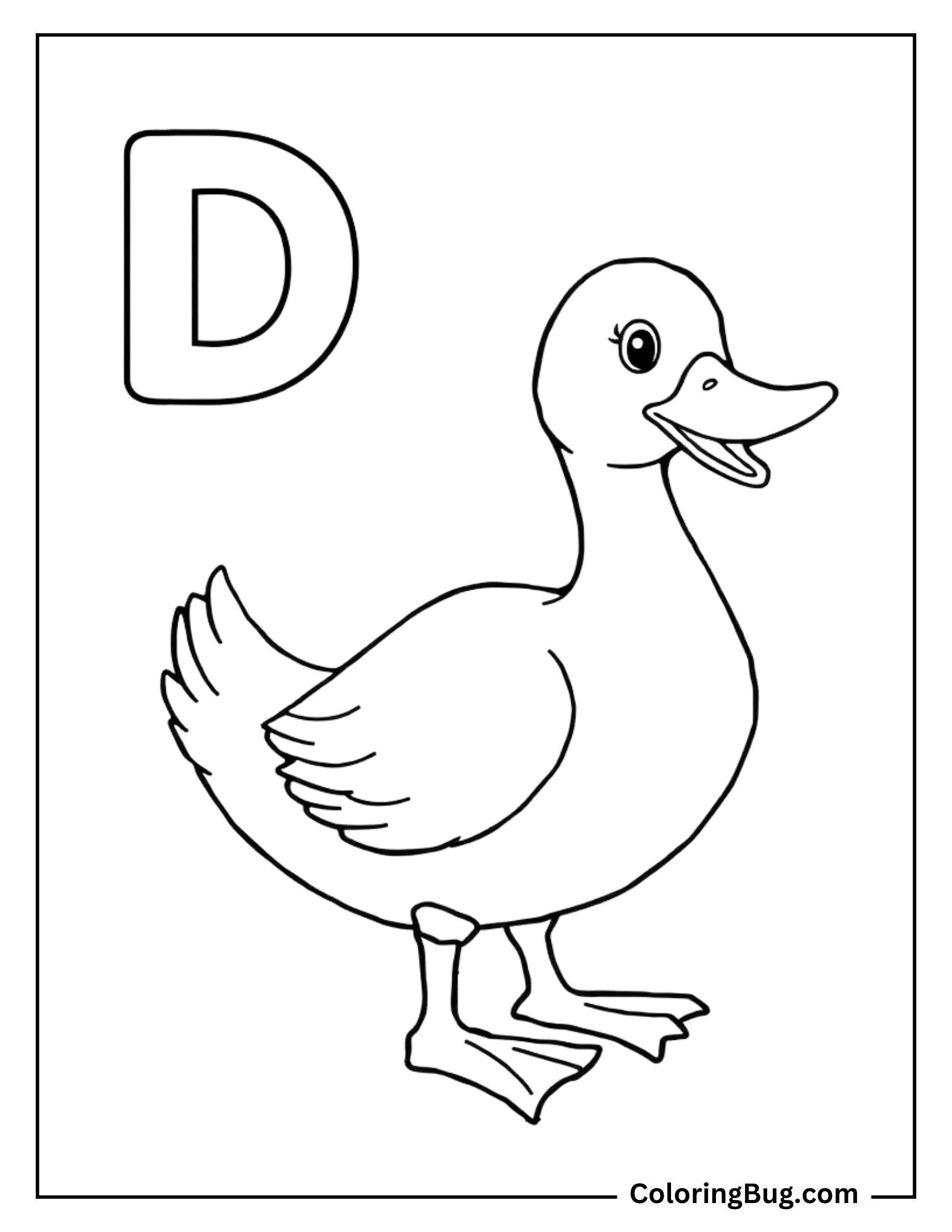 Coloring page of the letter "D" with a happy duck illustration. The duck stands proudly with a friendly expression.
