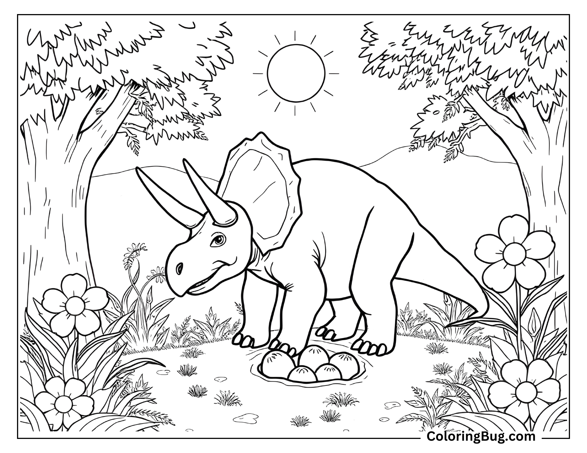 A coloring page featuring a mother Triceratops watching over a nest of hatching eggs. The scene is set in a lush environment with trees and flowers under a sunny sky.