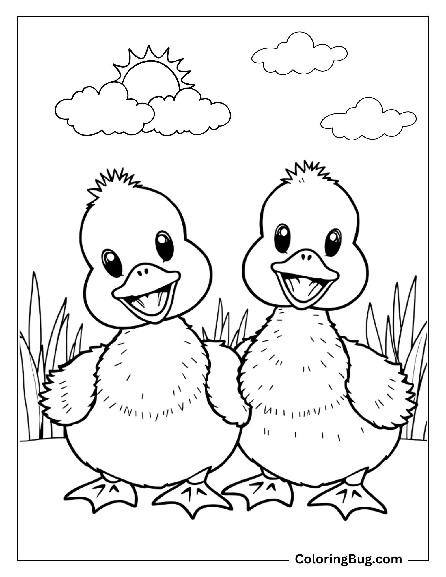 Coloring page of two cheerful ducklings standing side by side in a grassy setting. They both have big smiles and fluffy feathers, with a sunny sky and a few clouds above them, adding to the joyful atmosphere.