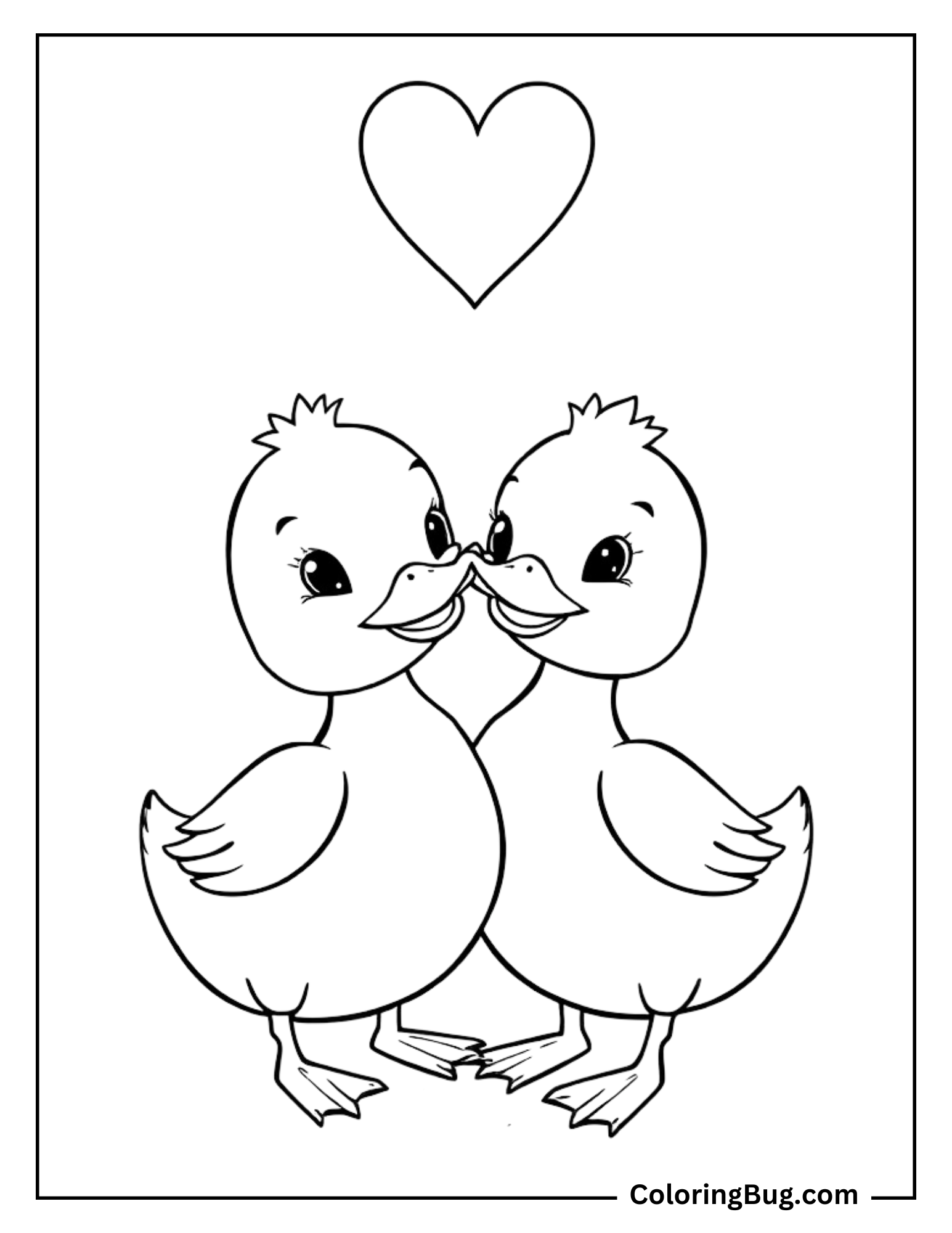Coloring page of two adorable ducklings facing each other with their beaks touching, creating a heartwarming scene of affection. A large heart floats above them, symbolizing their bond.