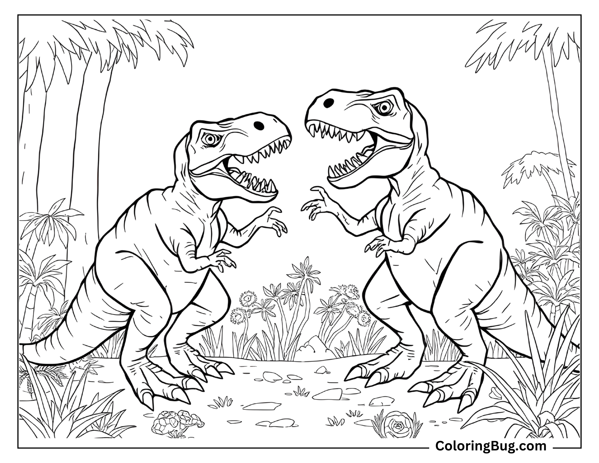 Coloring page featuring two T-Rex dinosaurs facing each other in an aggressive stance, as if they are about to engage in a fight. They stand in a jungle-like setting with plants, rocks, and trees surrounding them.