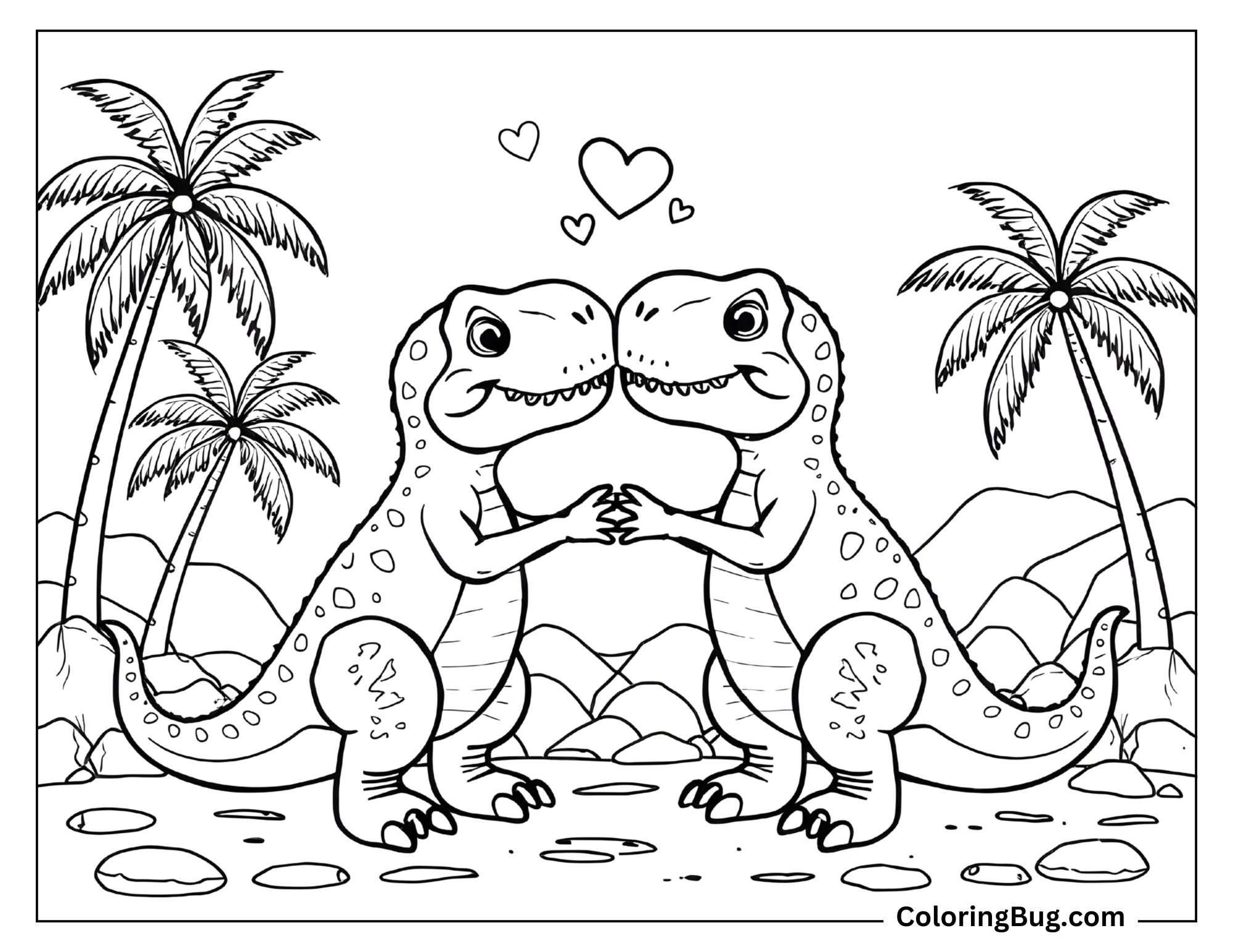 Coloring sheet of two cute T-Rexes stand facing each other, holding hands with happy expressions, in a tropical setting filled with palm trees and rocks. Hearts float above their heads, adding a romantic and playful touch. The background includes mountains and tropical elements.