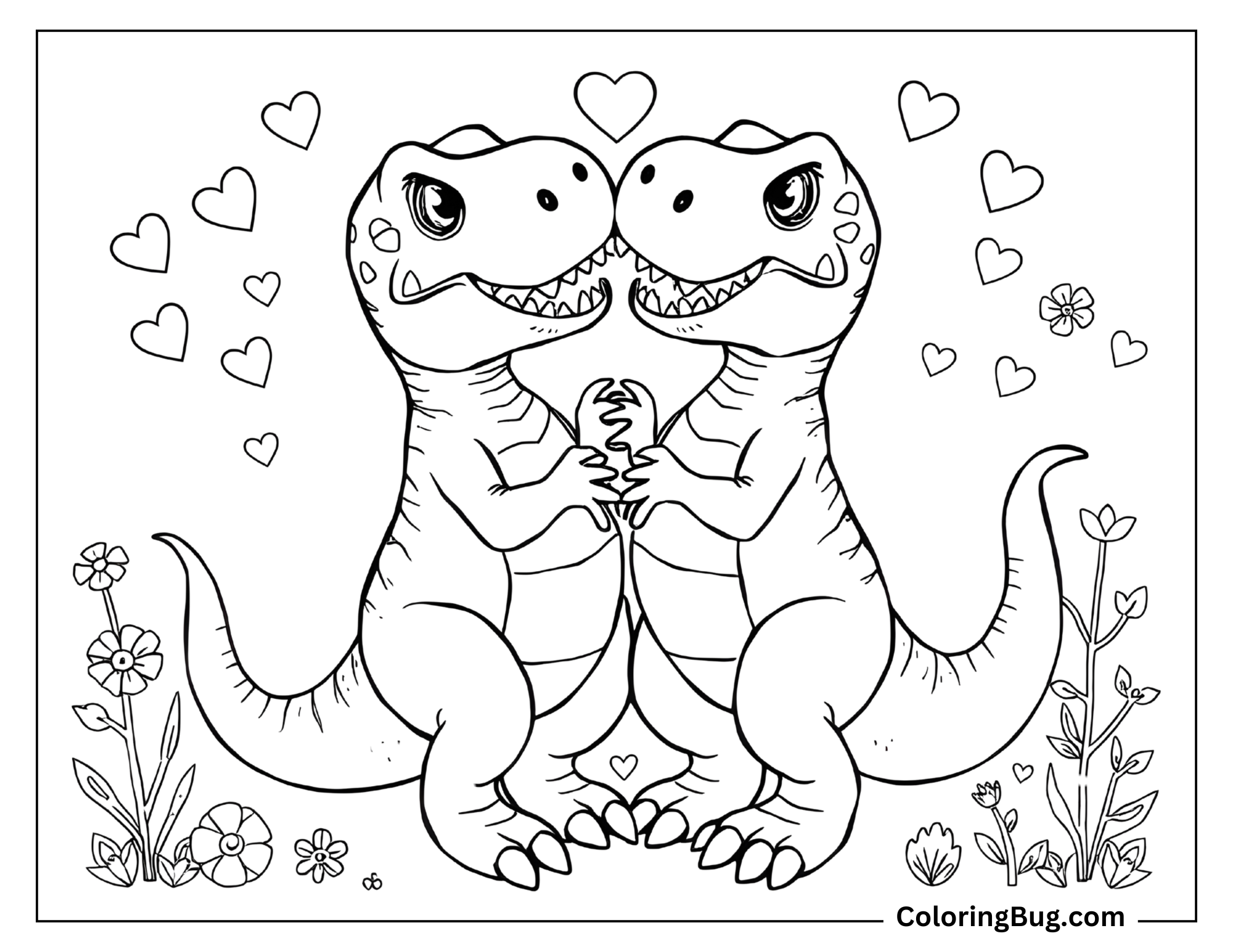 Coloring sheet of two adorable T-Rexes stand side by side, holding hands and gazing lovingly at each other, surrounded by floating hearts and simple flowers. Their expressions are happy, and the scene is framed with small flowers and plants, adding a romantic, whimsical touch.