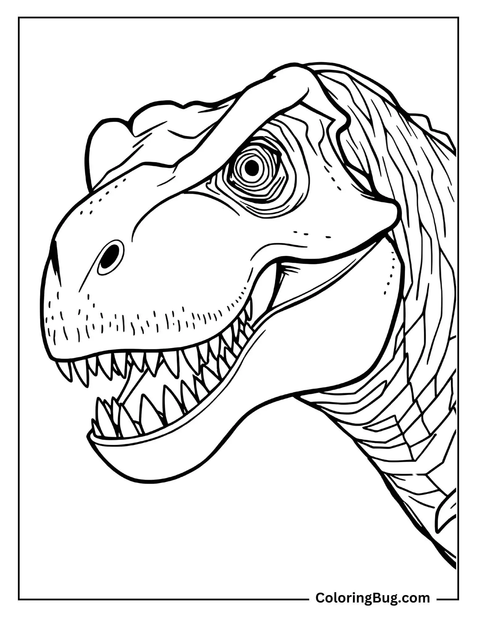 A close-up outline of a T-Rex head, highlighting its sharp teeth, large eye, and textured skin. The T-Rex has an intense expression with detailed linework showing the wrinkles and scales on its face and neck.