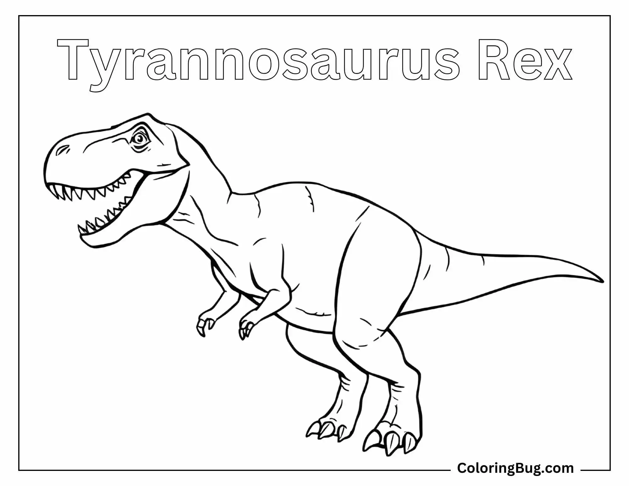 A simple illustration of a T-Rex with the text "Tyrannosaurus Rex" written above. The T-Rex is shown in a standing position with its mouth open, displaying sharp teeth and a fierce expression. The design is clean, with only thin outlines and no background.