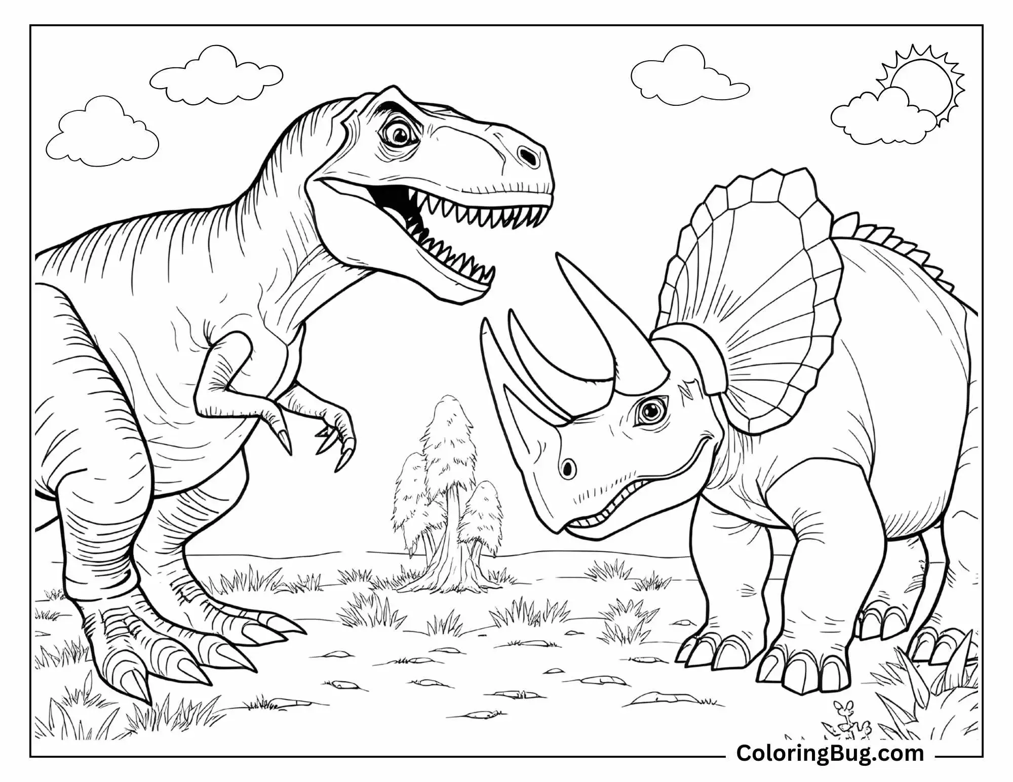 Landscape coloring page showing a T-Rex and a Triceratops face each other in a prehistoric landscape, surrounded by grass and a few trees. The T-Rex has an open mouth with sharp teeth, while the Triceratops stands firmly with its horns and frill displayed. In the background, the sky shows a partially sunny day with a few clouds. The entire scene is outlined with thin lines, with no shading or grayscale effects.