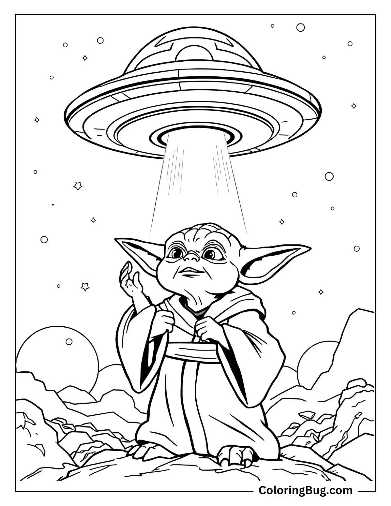 UFO Taking Yoda Coloring Sheet