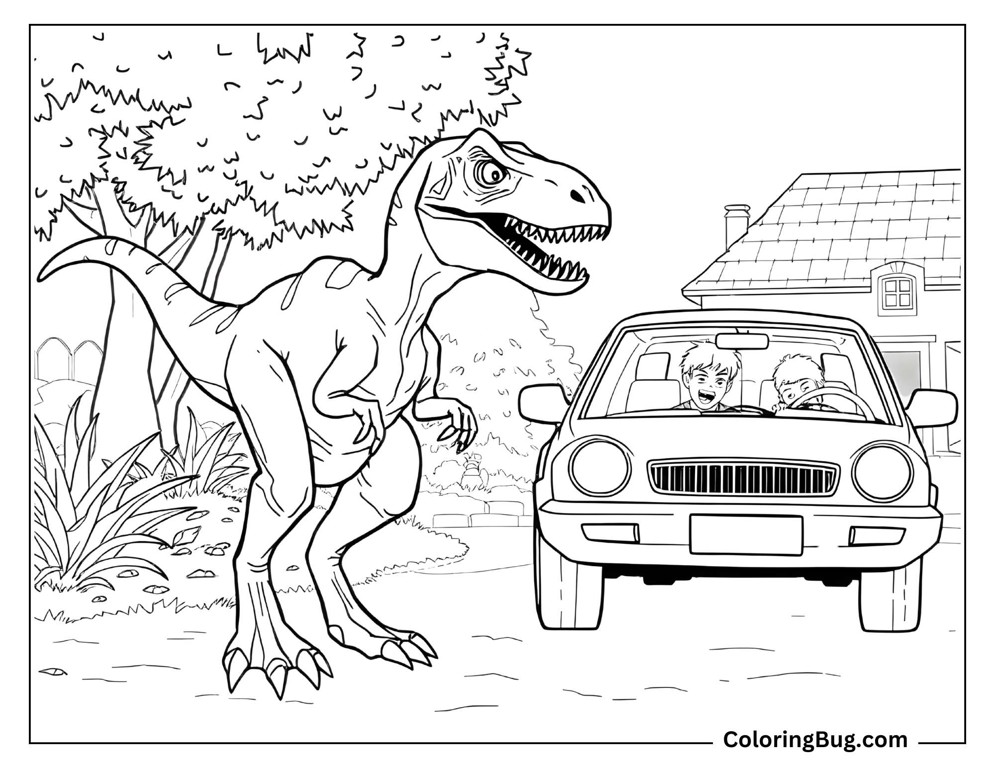 Coloring page of a Velociraptor ambushing a car. The Velociraptor is depicted in a dynamic pose with its mouth open, showing sharp teeth, while a car with two children inside is parked nearby.