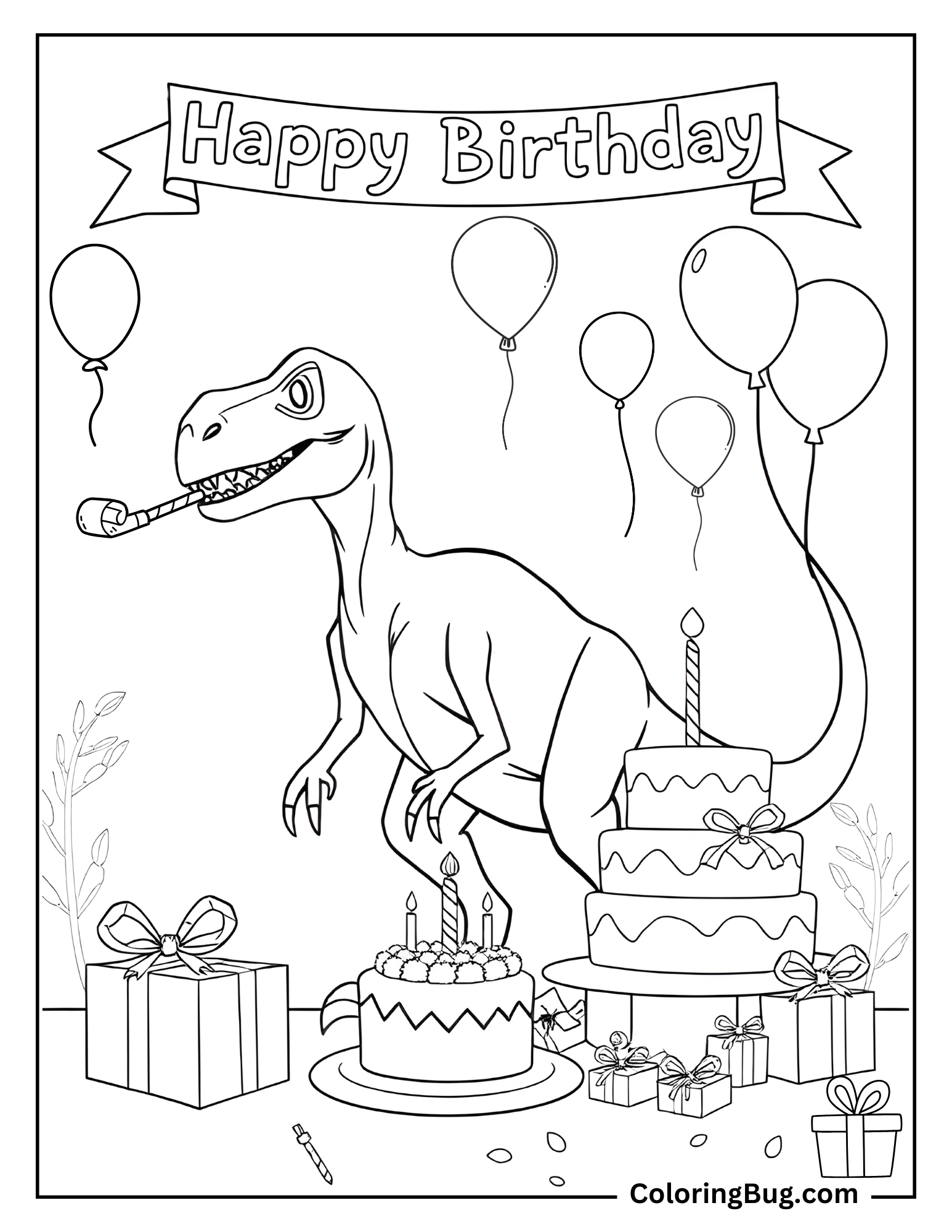 Coloring page featuring a festive Velociraptor celebrating a birthday. The Velociraptor stands among balloons, presents, and cakes, with a party blower in its mouth. A banner at the top reads 'Happy Birthday,' creating a fun, celebratory atmosphere perfect for a dinosaur-themed birthday.