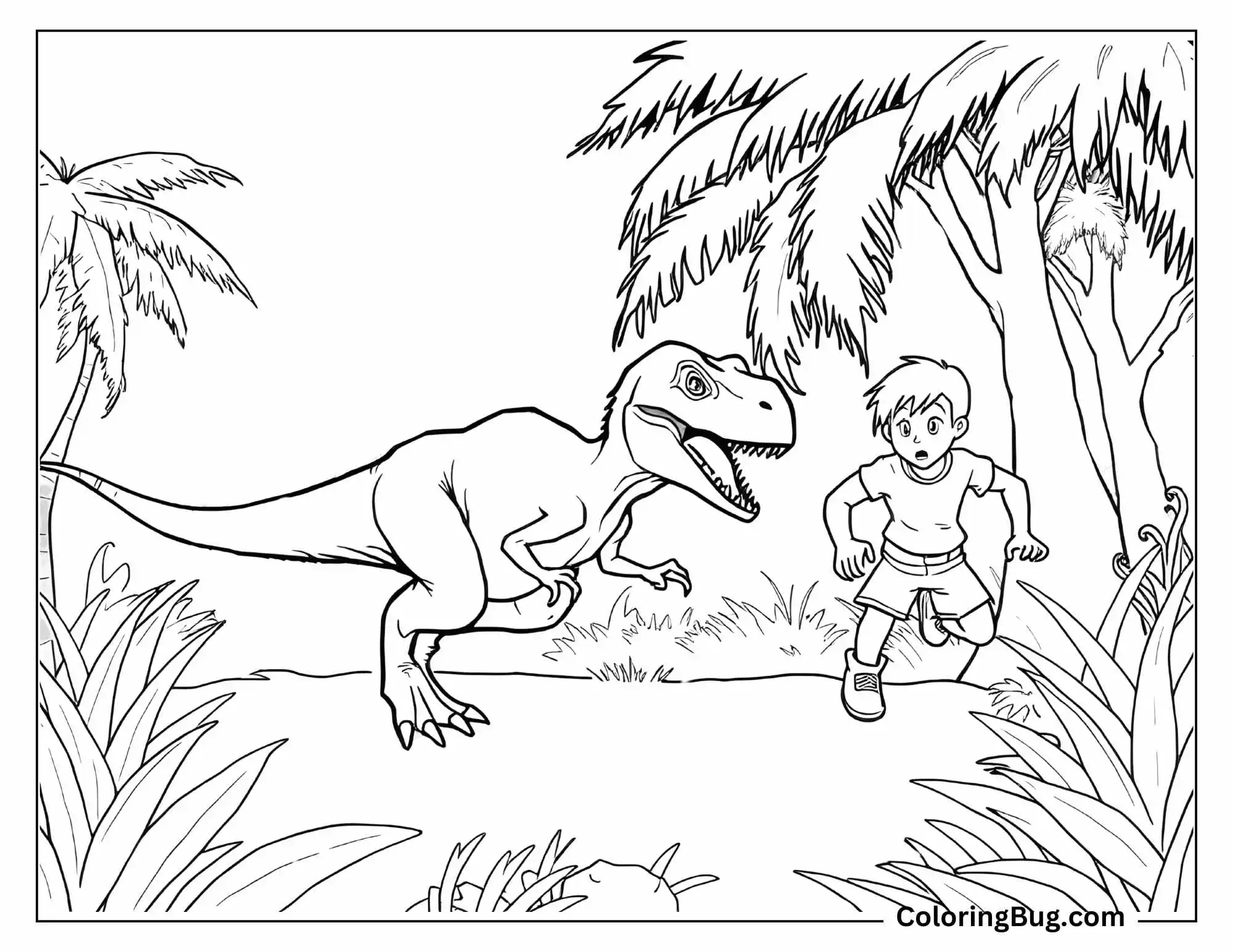 Coloring page of a Velociraptor playfully chasing a surprised boy through a jungle setting. The Velociraptor has an alert expression with its mouth open, while the boy appears mid-run, looking back with wide eyes. Tall trees and dense tropical plants surround them, adding excitement to the scene.