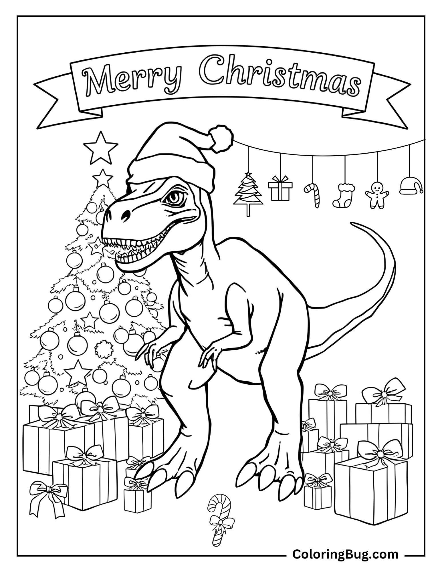 Coloring page featuring a festive Velociraptor celebrating Christmas. The Velociraptor wears a Santa hat and stands next to a decorated Christmas tree surrounded by presents. A banner above reads 'Merry Christmas,' and holiday decorations like ornaments, candy canes, and stockings hang in the background.