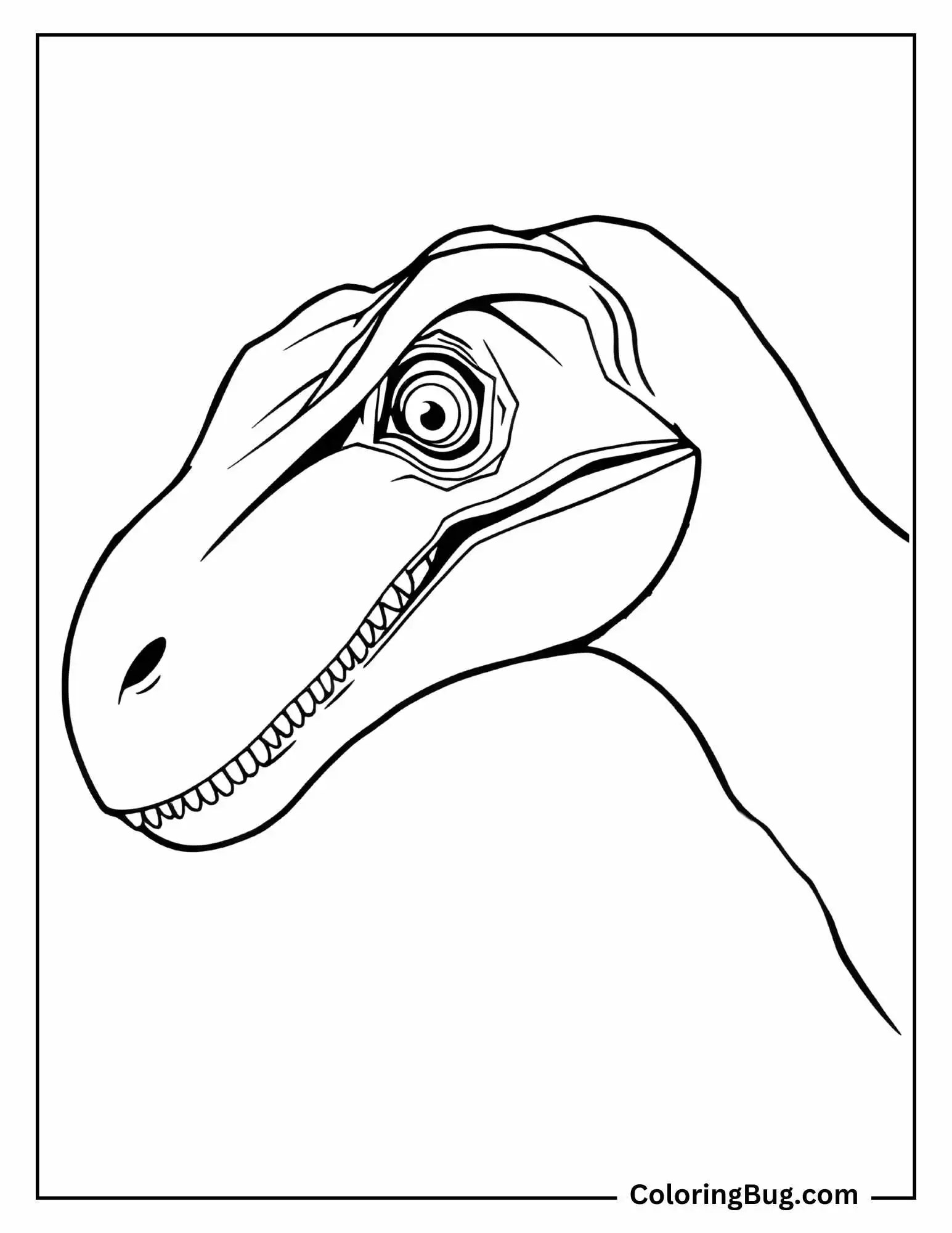 Coloring page featuring a close-up of a Velociraptor's head in profile. The Velociraptor has a focused, intense expression, with a large, detailed eye and a slightly open mouth showing sharp teeth.