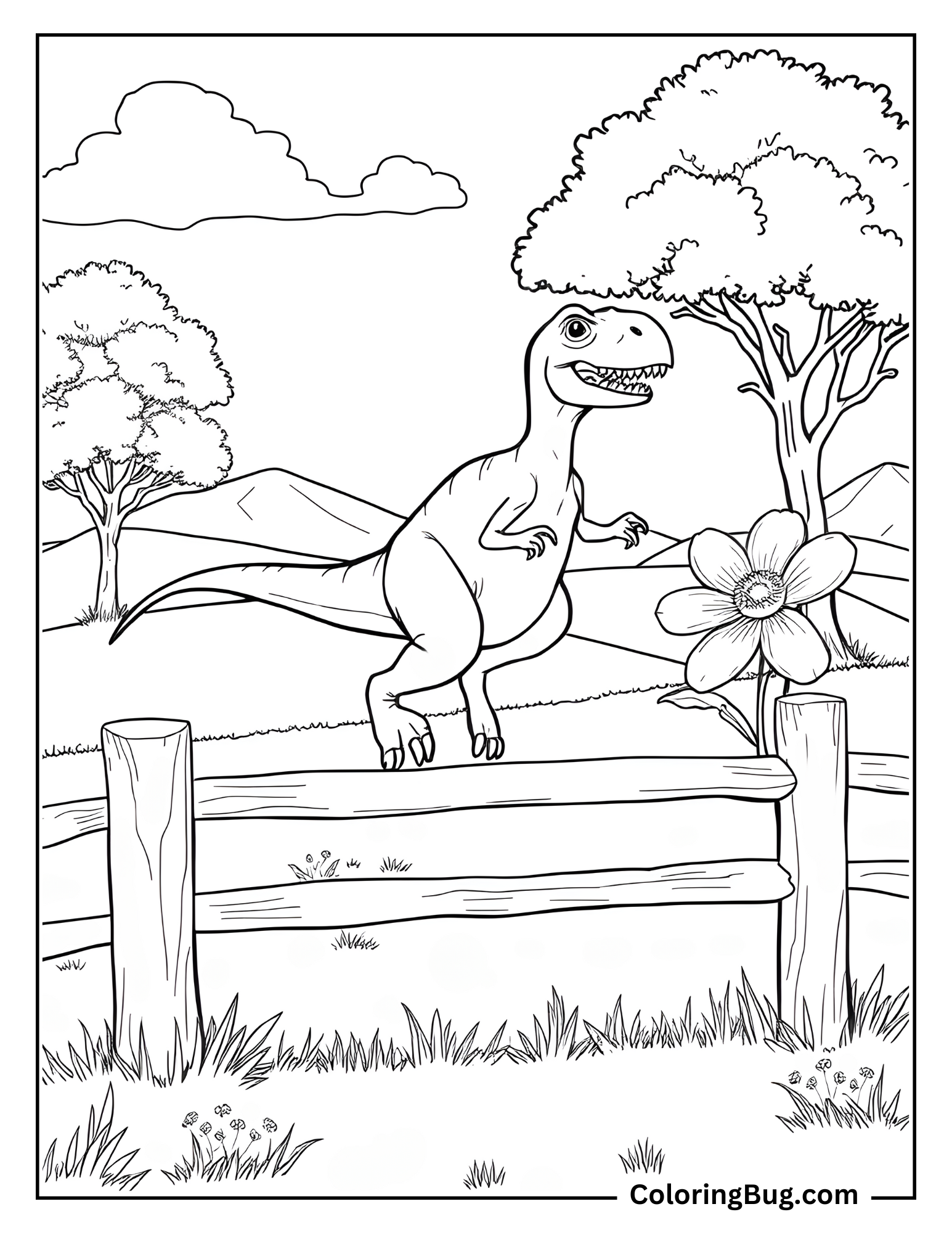 Coloring page of a playful Velociraptor standing on a wooden fence in a peaceful outdoor setting. The Velociraptor has a cheerful expression with an open mouth and visible teeth. The background includes trees, rolling hills, and a large flower beside the fence, creating a lighthearted, scenic environment.