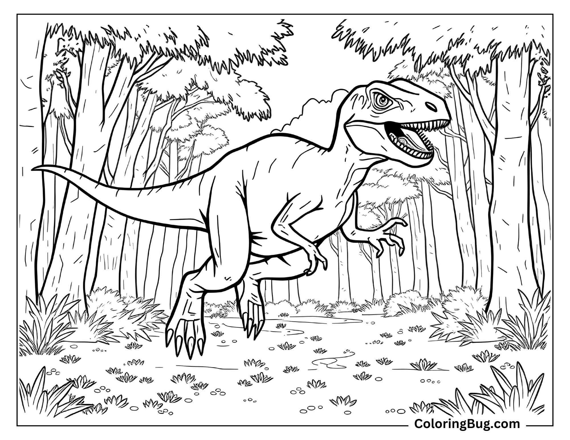 Coloring page of a Velociraptor running through a dense forest. The Velociraptor appears energetic, with its mouth open and sharp teeth visible. Tall trees surround the scene, with leafy plants and ground foliage adding detail to the forest environment, capturing the dinosaur&rsquo;s speed and agility.