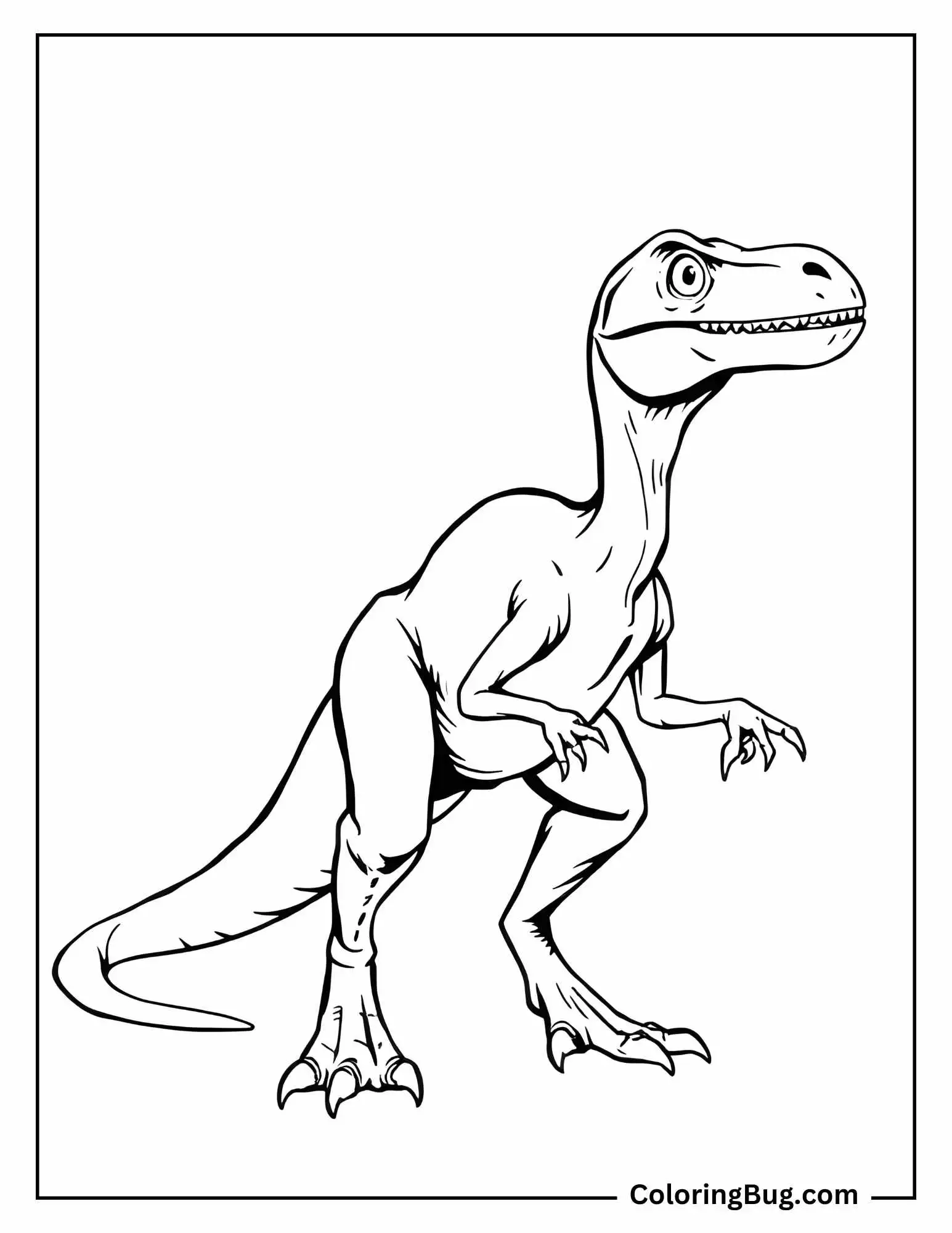 Coloring page of a Velociraptor standing upright with an alert expression, highlighting its sharp claws and slender build.