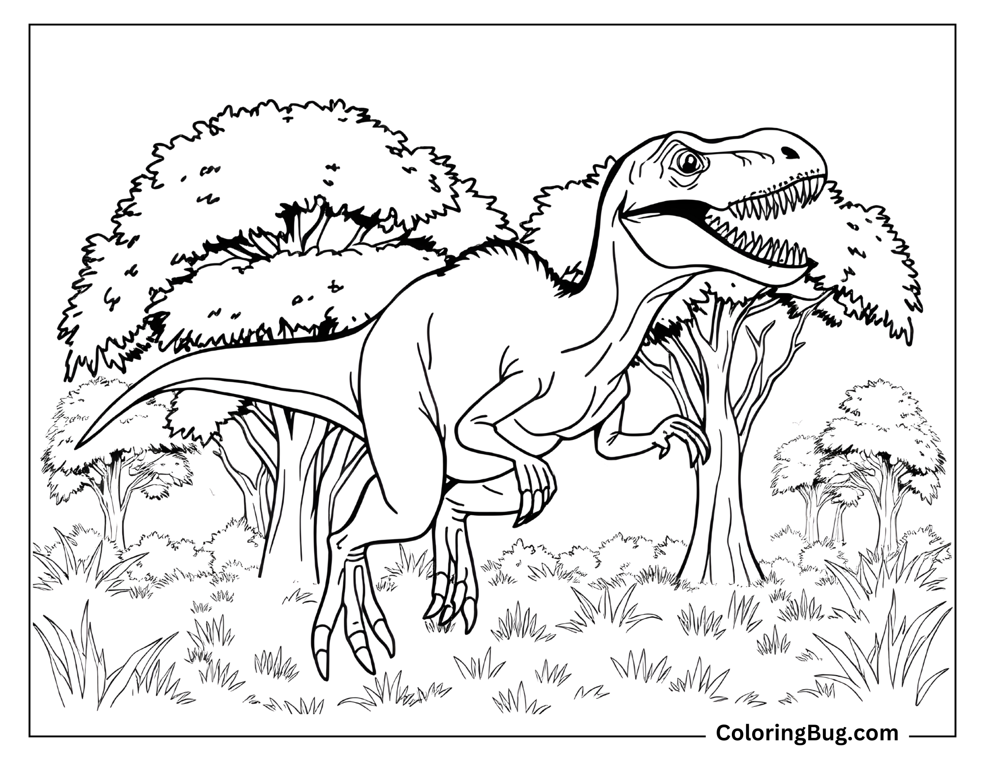 Coloring page of a Velociraptor leaping through a dense forest, surrounded by tall trees and lush grass.
